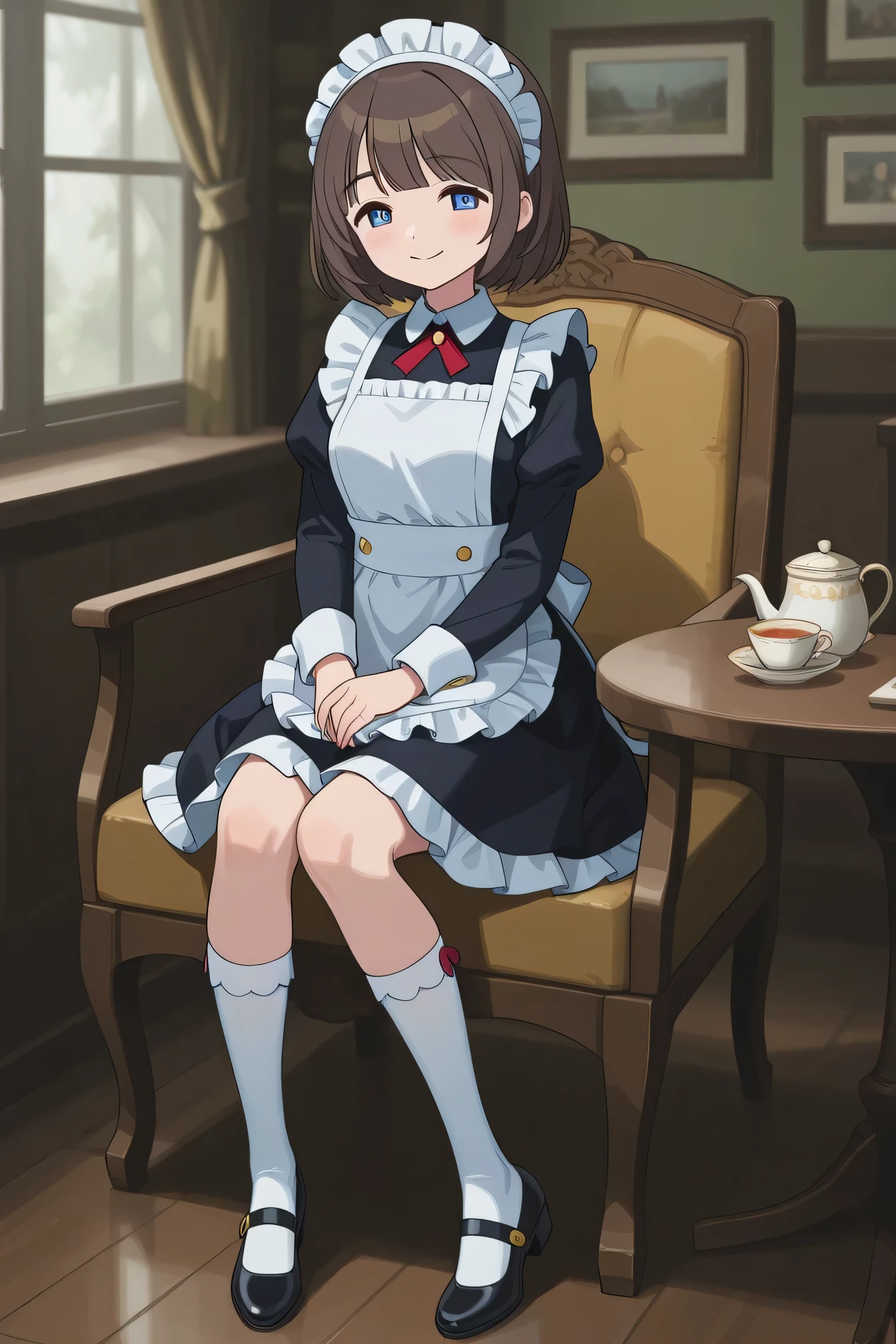 Highest Quality、real style、masterpiece、Detailed Background、Portrait Photo、soft background blur、natural skin tone、Soft brown hair、Maid cafe interior、a scene where a cute maid with a smile brings tea、The background is a classical European style interior、wooden furniture and lace curtains、black dress with white frills、White apron、ruffle headband、Knee socks with lace、 black strap shoes、slightly reddening the cheeks、Bright and soft light、very beautiful