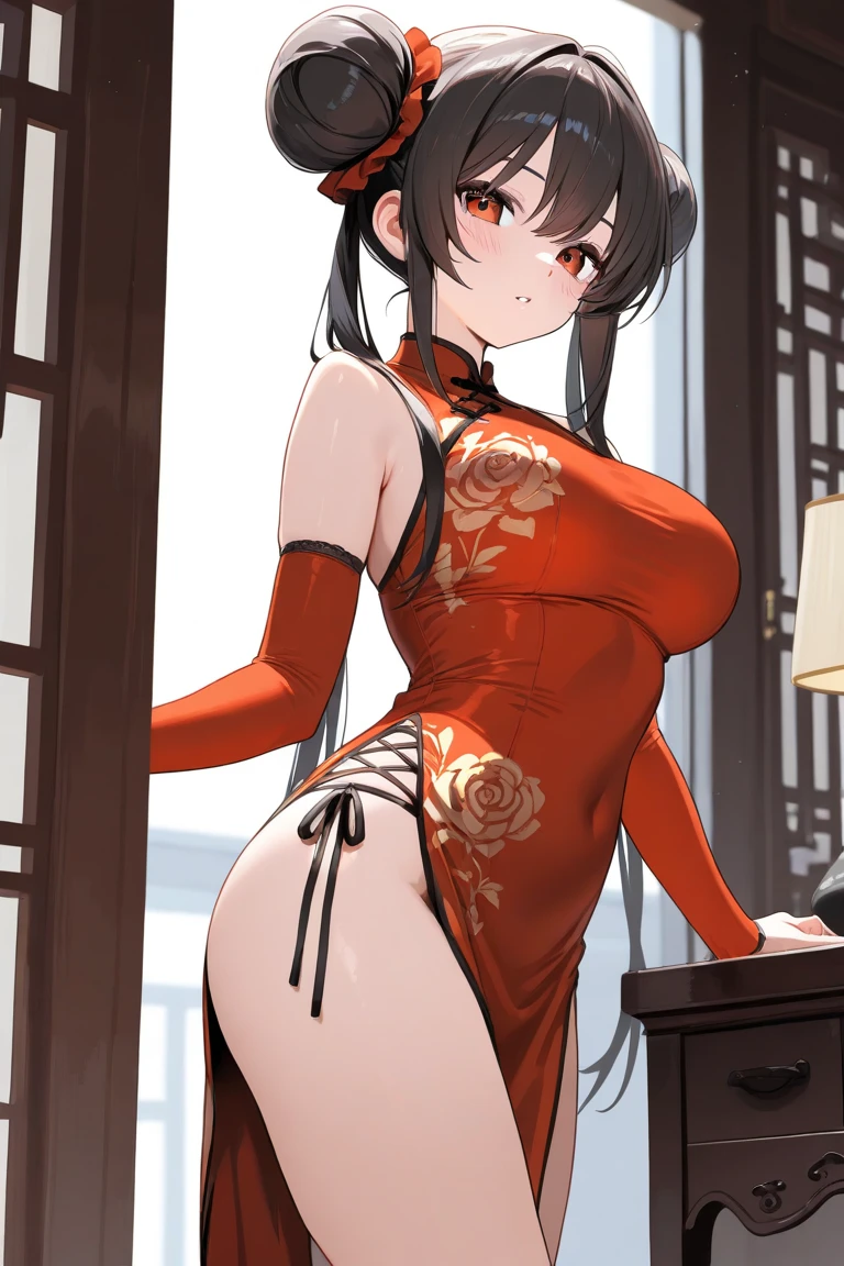 High resolution, adult woman , good lighting, despicable, , (No ), (((China dress))), (()), ((())), (garter belt), abdomen only, (),  ,  cute face, I'm embarrassed and blush, humiliating, ((turn around and look back)), ((See-through))()(T-back)(a large amount of  is on the body,)