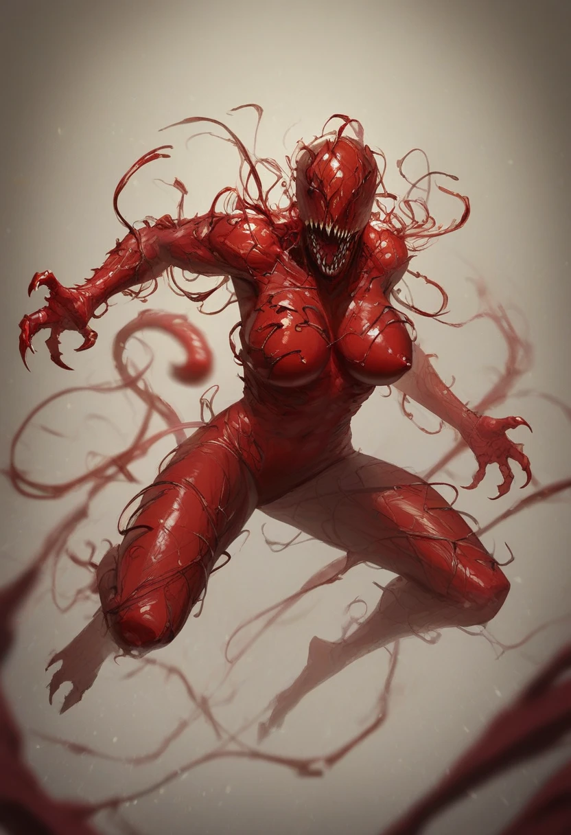 (beautiful girl face:1.45), megan fox as a vampiric muscular red carnage, (mouth wide open with tongue out:1.25), (red carnage anatomic muscular bio-mecha muscle suit:1.25), (body totally covered in muscles, veins, tendons), (perfect muscular anatomy),