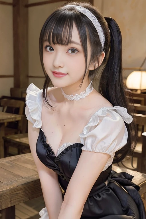 Cute face like a 15-year-old idol Smiling Kindly Japanese Gothic ta Cosplay Frills Cleavage Hotel Living Room stand morning Whole body RAW Photos High resolution Genuine live-action Accurate depiction Realistic