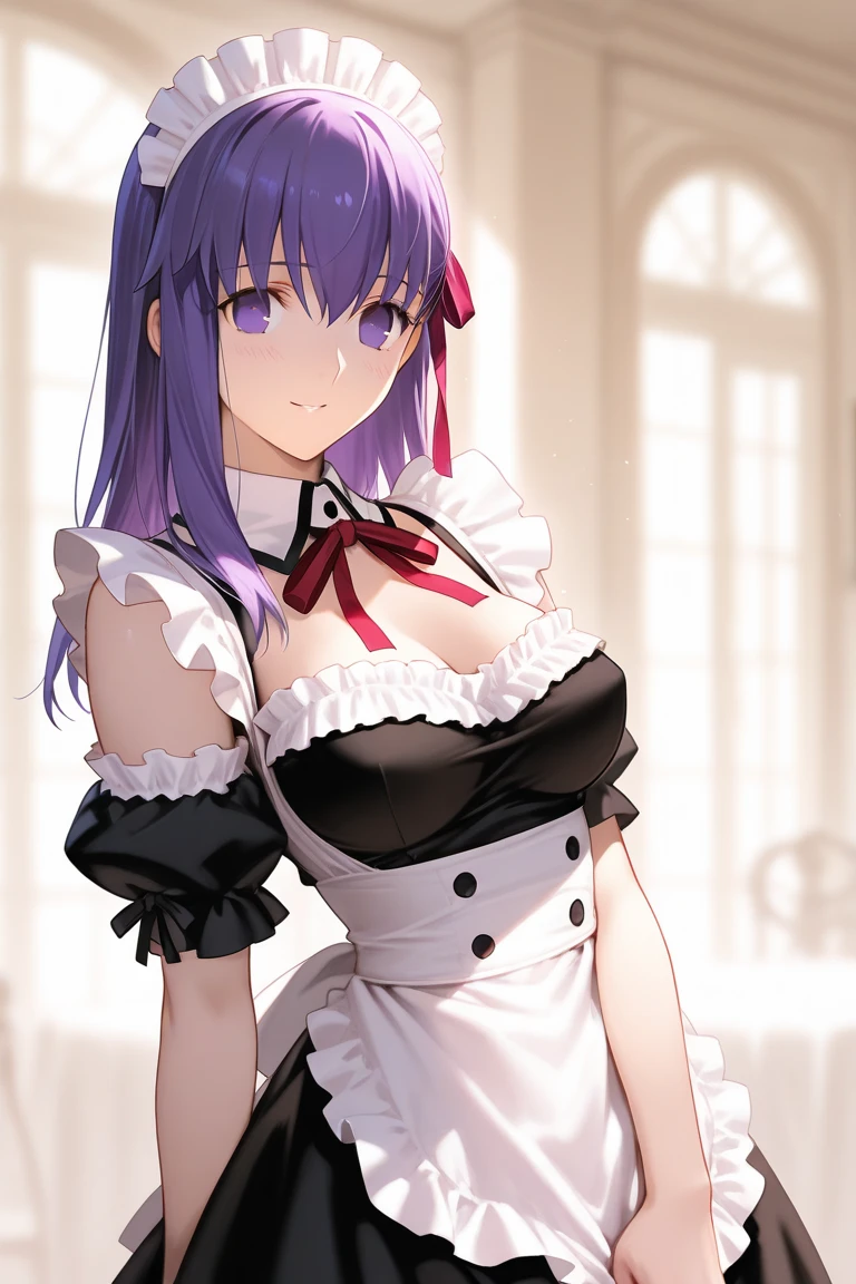 1girl , short purple hair, cute purple eyes, maid, wearing maid uniform , black and white full maid uniform, smiling , perfect hands , ultra detailed, moderate chest , high res, perfect pic, 8K, masterpiece, looking at viewer