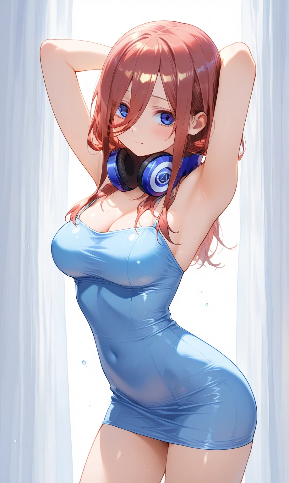 1girl, elegant erotic beautiful girl, big breasts, ((brown hair)), maxi dress, adultery, indecent, vulgar, Nakano Miku, intricate details, delicate facial features, beautiful blue eyes, ulzzang, long eyelashes, small nose, full lips, porcelain skin, natural lighting, warm color palette, chiaroscuro lighting, dramatic shadows, sensual, alluring, mature themes, artistic, dreamlike, ethereal, ((arms behind back)), sideboob, cleavage, looking at viewer, ulzzang, (blue eyes), headphones, thigh highs