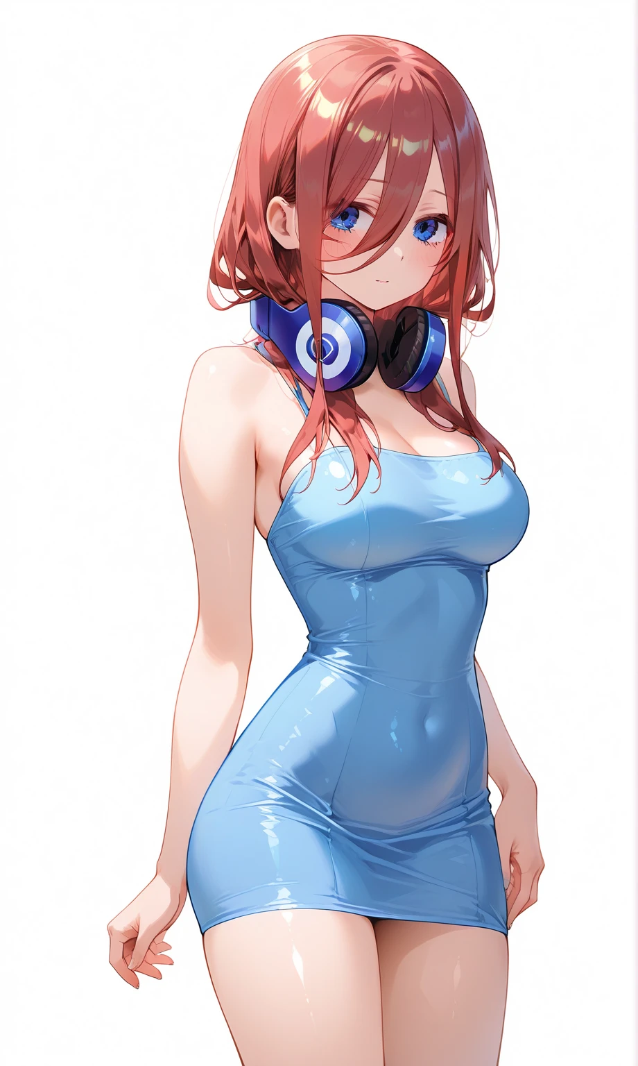 Miku, Nakano Miku, blushing, Blue swimsuit, arms lifting breasts