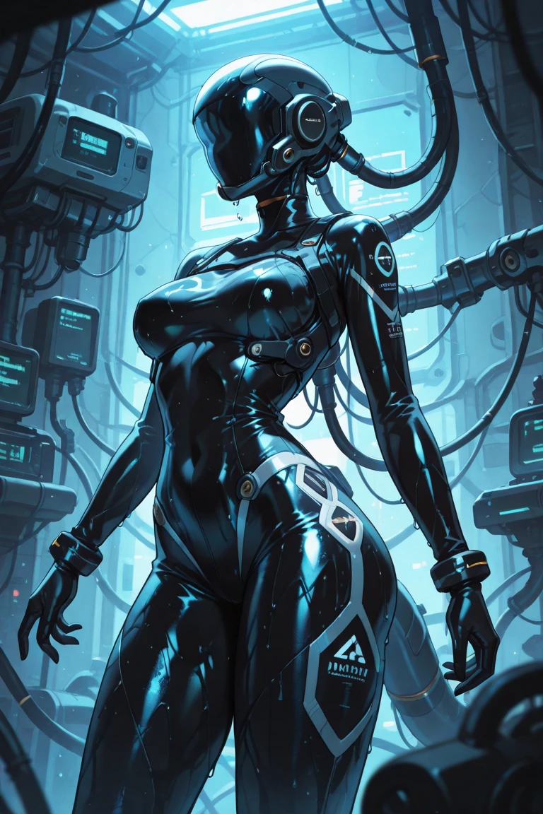 (nsfw5) (((1boy))), (((anime boy))), 20 years old, muscular body, black hair, black latex suit, black latex, skintight no zipper neck entry black latex suit, fullbody black latex suit, shoulder plastic armour, ((wearing virtual reality headset1.5)), visible eyes, ((thick cables plugged on headset)), cat ears, cyborg, latex, cyberpunk, cyberpunk hospital, (thick cables plugged on crotch1.5), red lightning, mind reprogramming, ((corruption bodysuit)), blank stare, crotch bulge, restrained, (heads-up display), wearing black lipstick, (((cables plugged into cat ears3))), (((transformation into robot3))), (((assembly line arms5))), charging port on anus, (((charging cable plugged on anus3))), visible charging, (battery percent level), docking station, robotic spine, cables plugged into spine, aquamarine suit lightning, open ring gag in mouth, (((super thick cable plugged on gag5))), progress bar on virtual reality headset