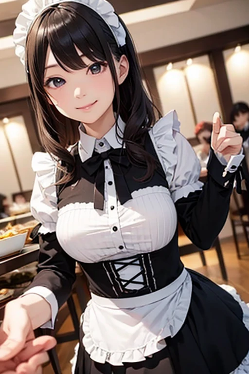 very cute and beautiful girl standing in cafe restaurant,(highly detailed beautiful face and eyes), purple waitress costume with detailed frills,detailed lace,mini skirt,holding menu, looking at viewer,(smile:1.2),happy,black hair, (best quality,masterpiece),absurdres,highres,ultra-detailed,extremely detailed,32k,8k resolution, intricate details,cinematic scene,detailed background,solo,dynamic angle,