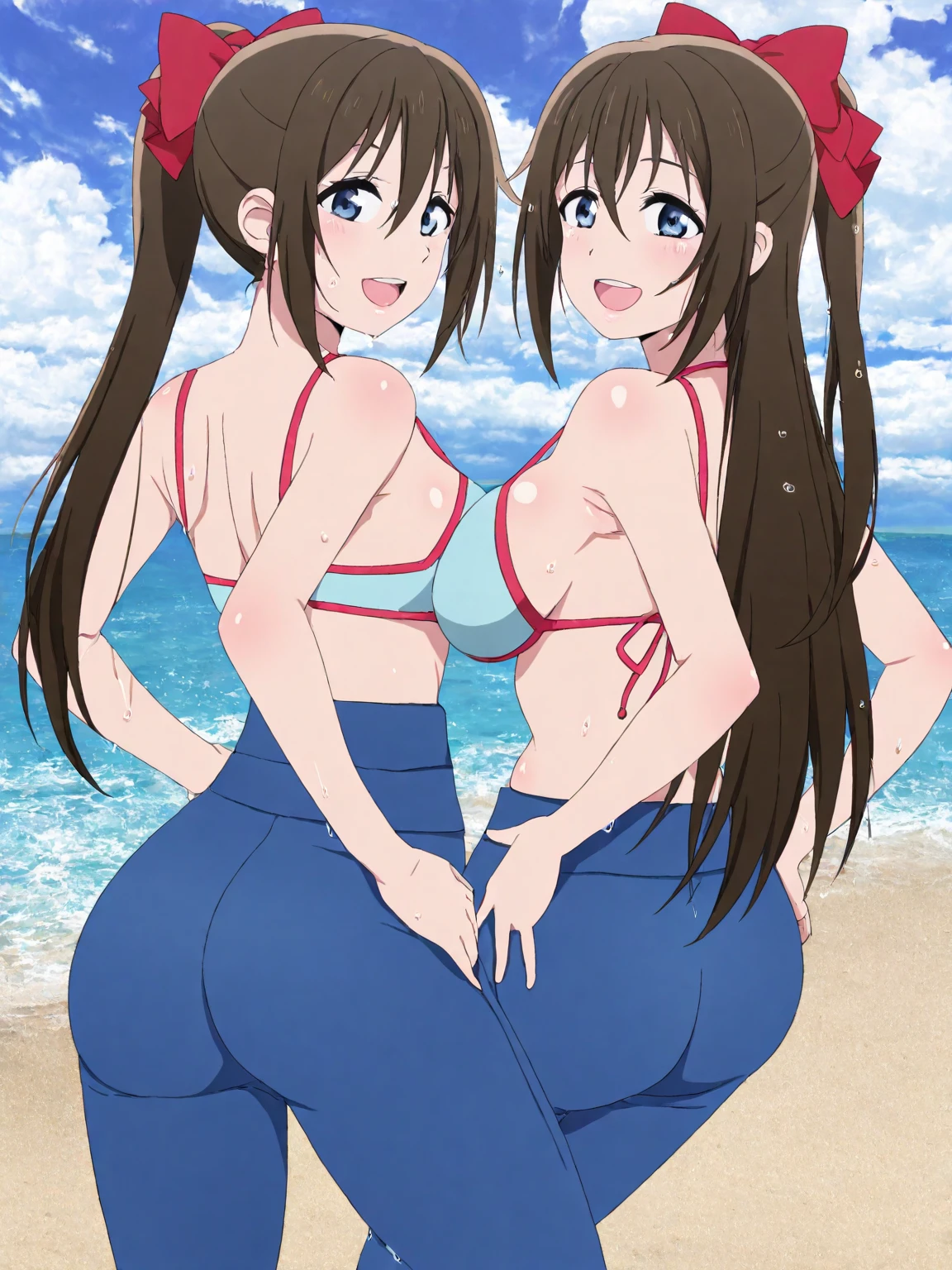 Sonozaki　Misao Sonozaki,  (high quality, High resolution, Fine details), Realistic, ((Slingshot swimwear)), Sunburned skin, A toned and healthy physique, tropical paradise background, Clear turquoise water, White sand beach, Warm golden sun, gentle sea breeze, Bokeh lighting, alone, Curvy Women, Long light brown hair, Sparkling eyes, (Detailed eyes), smile, blush, Sweat, Oily skin, Shallow depth of field, light brown hair, wavy and curly hairstyle, long hair, large breast, tareme, nice ass, brown eyes, slender face, beautiful tits, beautiful ass, slim waist, 
