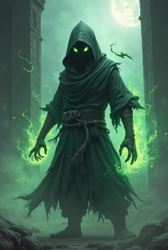 "A dark, biblical-style illustration of a hunchbacked reaper resembling a Nazgûl from The Lord of the Rings, with a hood and black, ripped robes, and green swords and spears nailed into his back, surrounded by an eerie green light, depicted in the ominous, intricate style of Gustave Doré --ar 1:1"