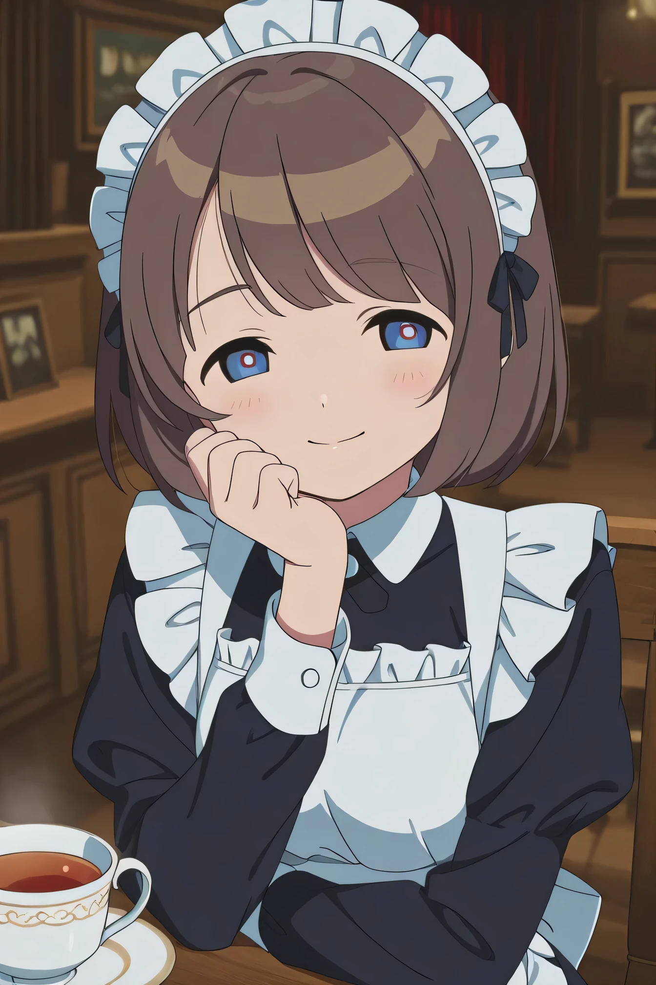 Highest Quality、anime style、masterpiece、Detailed Background、Portrait Photo、soft background blur、natural skin tone、Soft brown hair、Maid cafe interior、a scene where a cute maid with a smile brings tea、The background is a classical European style interior、wooden furniture and lace curtains、black dress with white frills、White apron、ruffle headband、Knee socks with lace、 black strap shoes、slightly reddening the cheeks、Bright and soft light、very beautiful