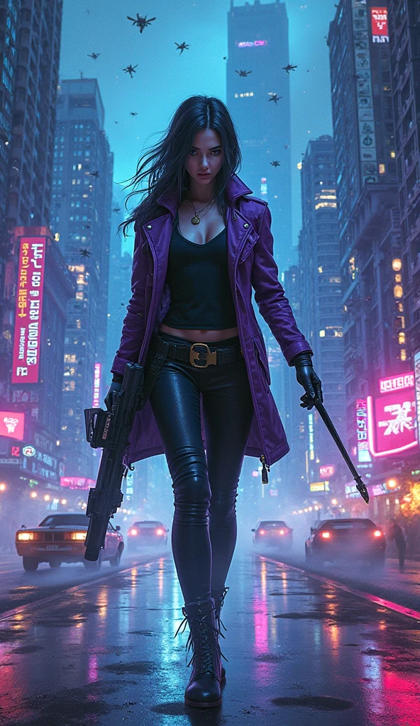 cyberpunk-style city with a nocturnal vibe with Matrix-like aesthetic references, glowing huge clock tower as time machine, green glowing cascading code. At night, (1girl, solo, alone), photorealistic, medium-breast slim:0.6 body, oval:0.5 face, cleavage:1.1, sexy black laced bra, miniskirt, white laced panty, coat, (black micro sunglasses), (holding a short gun), (slightly leaning forward running pose), ((half-body thigh level medium shot)), cinematic lighting, ray tracing, motion blurred background.