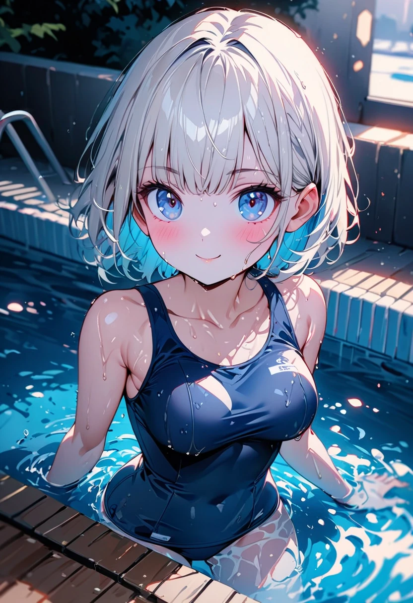 1 beauty, Light Purple Eyeshadow,platinum-blonde-hair, Watery Big Eyes,Beautiful constriction,wonderment,long eyelasher,Blushlush, in poolside, Wet whole body, ((Platinum Color Bikini Swimsuit)),(wet and disheveled hair:1.4),bustshot,Dynamic Angle Zoom, hand between legs:1.2, Perfect fingers, A large jet of water emanating from the front,(Fine splash to the face:1.6), Splashes shine:1.6, fine splashes on the body,stick out your ears,High-speed camera