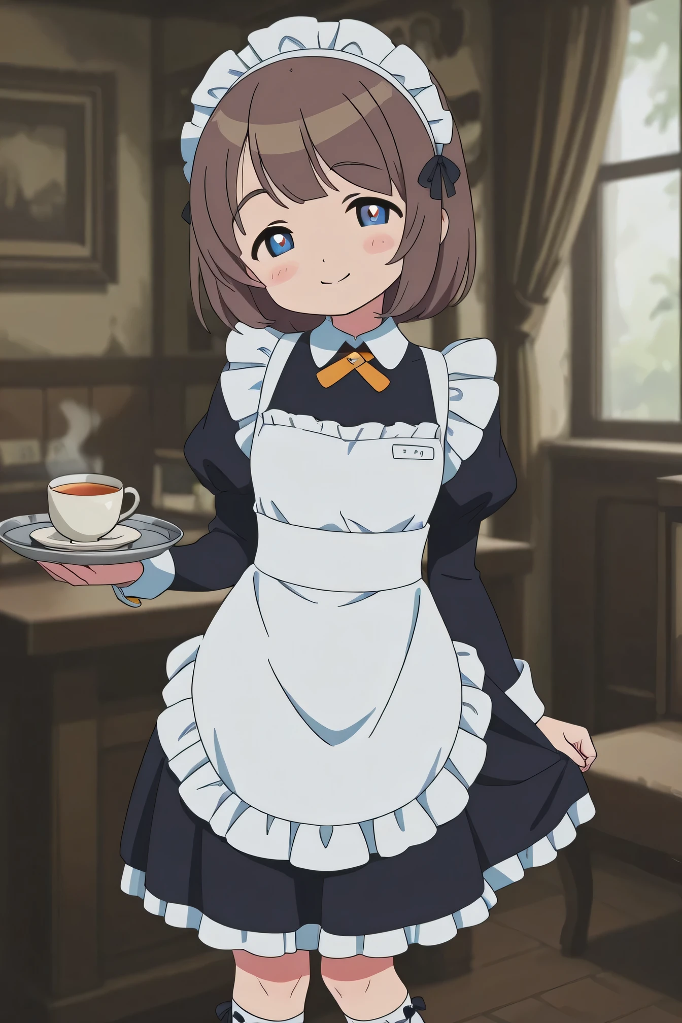 Highest Quality、anime style、masterpiece、Detailed Background、Portrait Photo、soft background blur、natural skin tone、Soft brown hair、Maid cafe interior、(A cute maid with a smile brings tea:1.3)、The background is a classical European style interior、wooden furniture and lace curtains、black dress with white frills、White apron、ruffle headband、Knee socks with lace、 black strap shoes、slightly reddening the cheeks、Bright and soft light、very beautiful