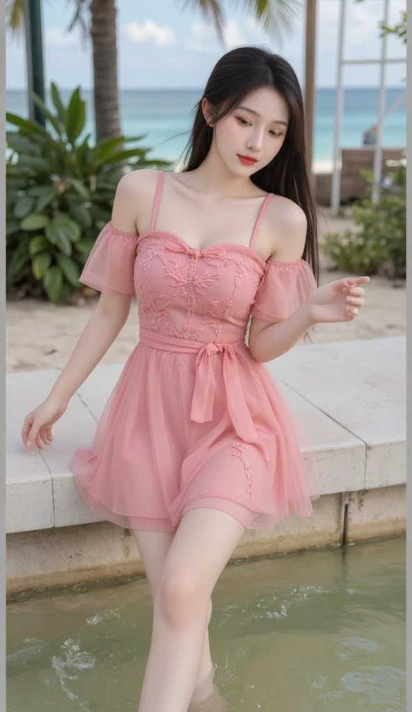 a close up of a woman in a dress on a balcony, opened dress, in a dress, waist high, photo of slim girl model, thin waist, 奈良美智, li in dress, Young Pretty Gravure Idol, waist - shot, translucent dress, Wearing a pink dress, sophisticated gravure idol, sexy dress