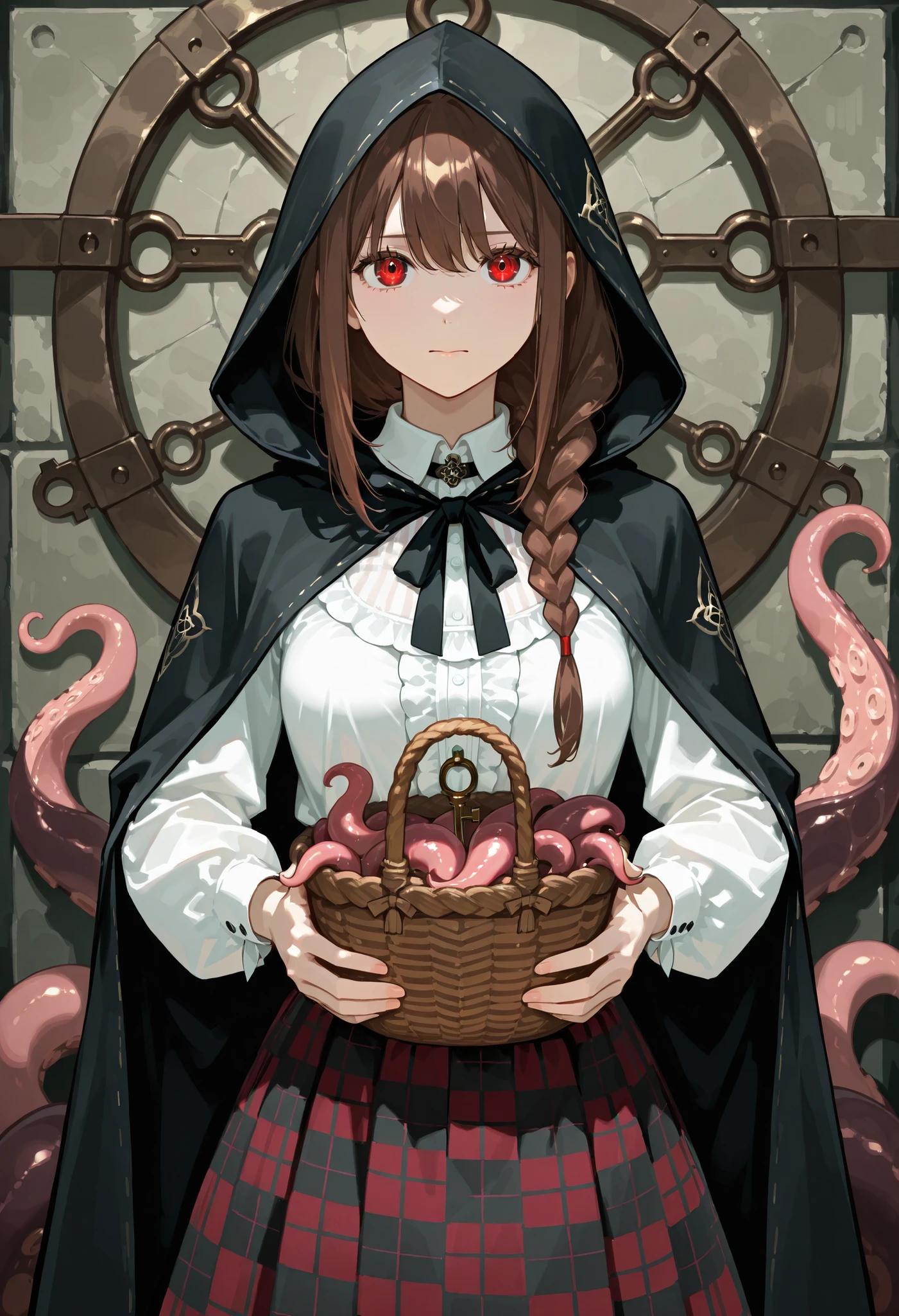 A girl carrying a large weapon. Brown hair. Single braid. Black hood. Large eyes. Black cloak. White blouse. Checkered skirt. Key-shaped weapon. Jagged edges. A basket containing a tentacle monster.