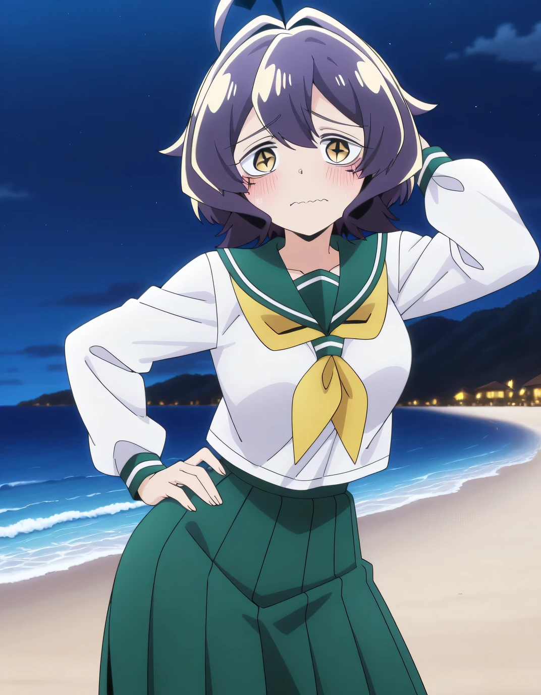 EBBaiser, medium breasts, purple hair, ahoge, bangs, short hair, yellow eyes,
white shirt, green sailor collar, green pleated long skirt, long sleeves, yellow neckerchief, school uniform, serafuku, anime screencap, shiny skin, solo, night sky, beach, hand behind head, hand on hip, ((contrapposto)), closed mouth, cowboy shot, looking at viewer, wavy mouth, blush, shy, best quality