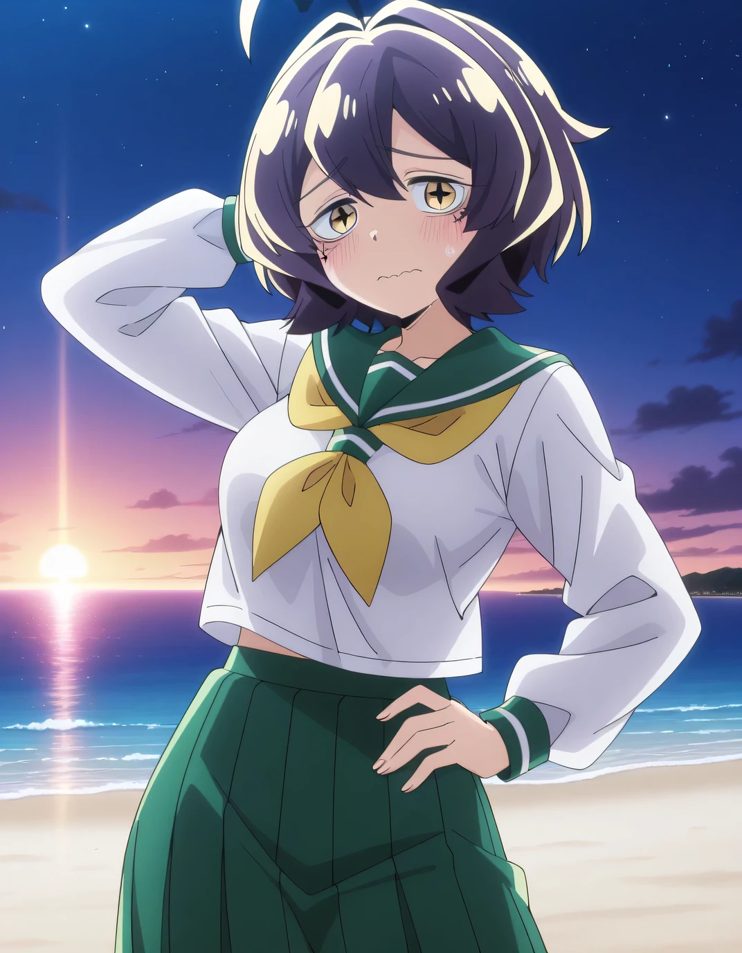 EBBaiser, medium breasts, purple hair, ahoge, bangs, short hair, yellow eyes,
white shirt, green sailor collar, green pleated long skirt, long sleeves, yellow neckerchief, school uniform, serafuku,  anime screencap, shiny skin, solo, night sky, beach, hand behind head, hand on hip, ((contrapposto)), closed mouth, cowboy shot, looking at viewer, wavy mouth, blush, shy, best quality