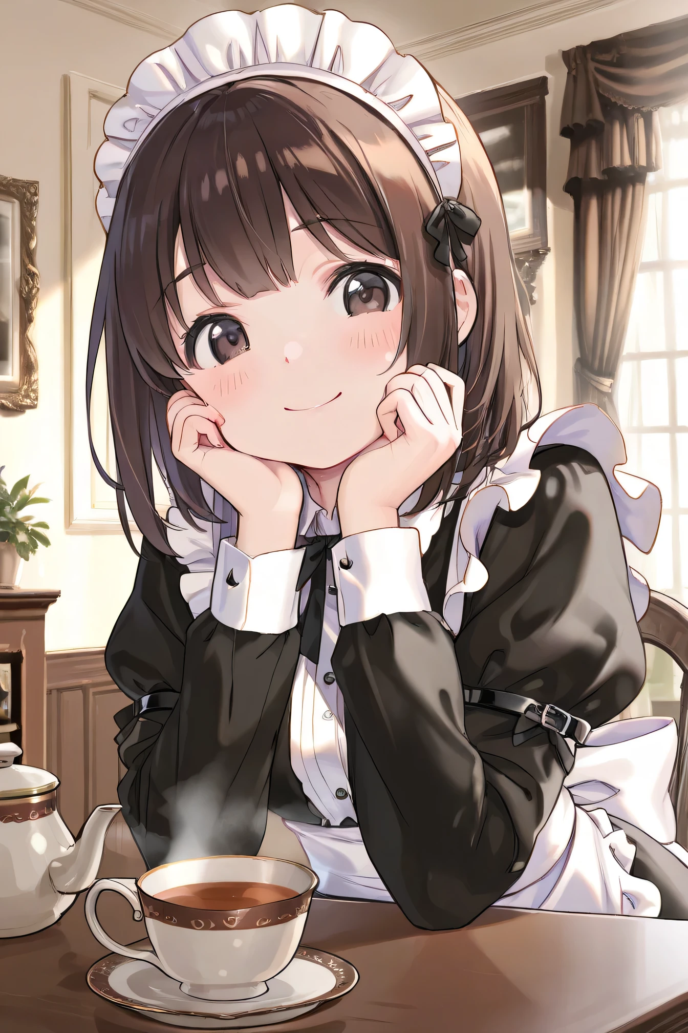 Highest Quality、anime style、masterpiece、Detailed Background、Portrait Photo、soft background blur、natural skin tone、Soft brown hair、Maid cafe interior、(A cute maid with a smile brings tea:1.3)、The background is a classical European style interior、wooden furniture and lace curtains、black dress with white frills、White apron、ruffle headband、Knee socks with lace、 black strap shoes、slightly reddening the cheeks、Bright and soft light、very beautiful