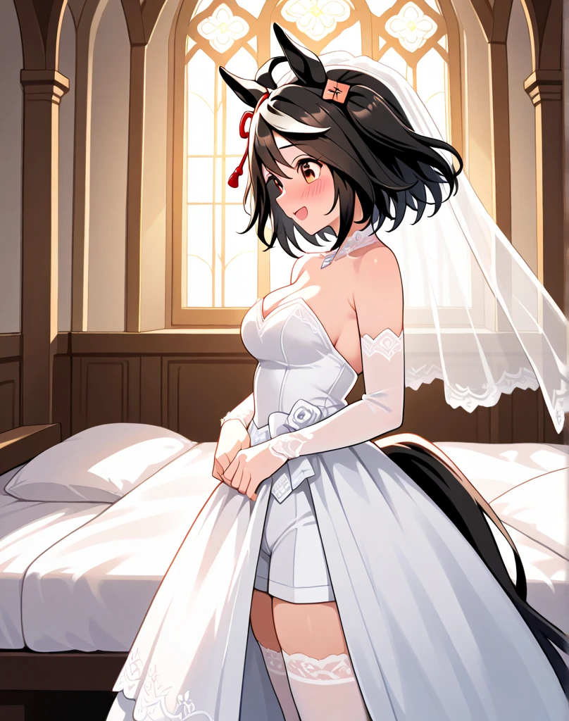 1girl, aaichika, tiara, bridal veil, necklace, cleavage, wedding dress, strapless dress, white dress, white gloves, elbow gloves, from below, skirt lift, red panties and white sexy stockings, bare legs,, masterpiece, best quality, highly detailed, short black shine hair, red eyes, red choker