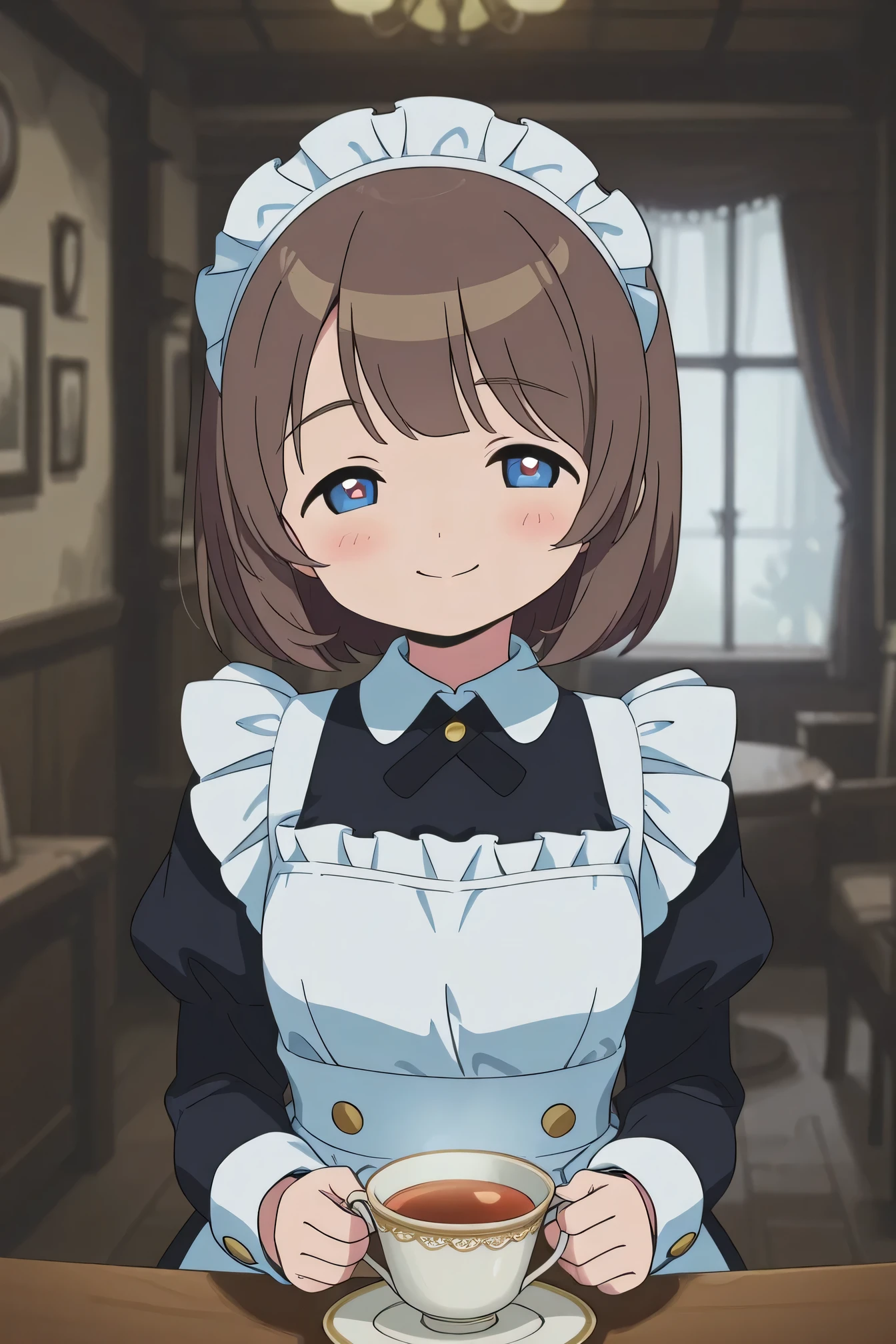 Highest Quality、anime style、masterpiece、Detailed Background、Portrait Photo、soft background blur、natural skin tone、Soft brown hair、Maid cafe interior、(A cute maid with a smile brings tea:1.3)、The background is a classical European style interior、wooden furniture and lace curtains、black dress with white frills、White apron、ruffle headband、Knee socks with lace、 black strap shoes、slightly reddening the cheeks、Bright and soft light、very beautiful