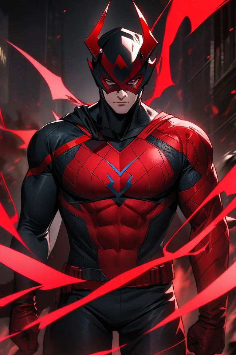 Young guy, short black hair, green eyes, red superhero costume, superhero mask, dragon horns, dragon tail, smirk, muscles, masterpiece, high quality