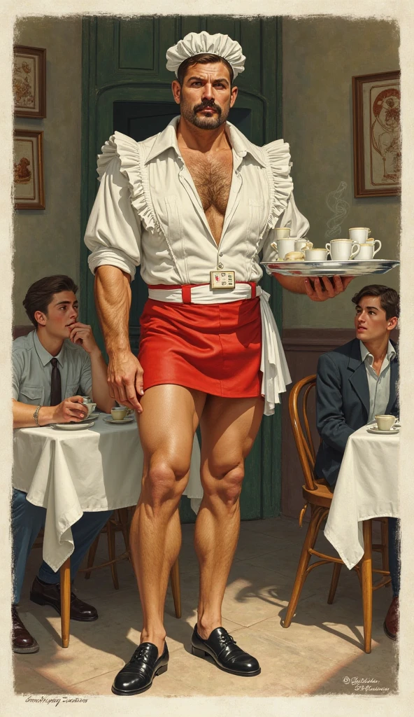 In the iconic art style of jc leyendecker an norman rockwell i, a hyperrealistic, meticulous illustration of a young, slim, and muscular Latino with a strong display of leadership body language and perfectly detailed ???????. He's illuminated by the warming sun, standing barefoot in the center of a victorian gentleman bar with many victorian men looking at him. The Latino man, with strong muscular legs, a peaceful gaze, and a subtly hidden smile, hints at his athleticism, wearing a swimmer's