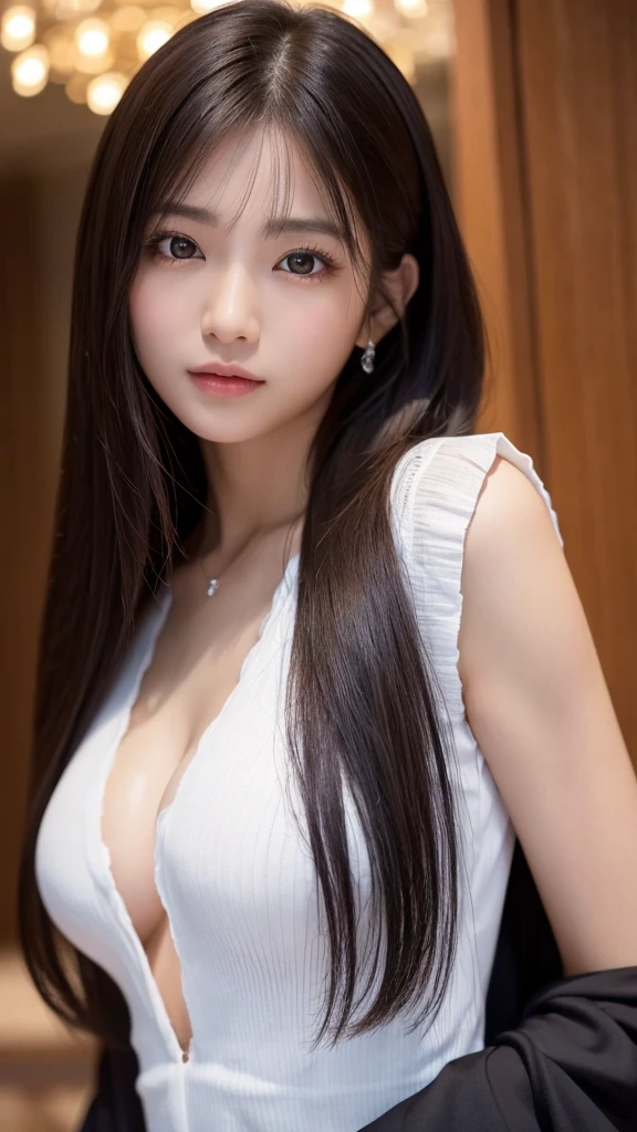 Shining, clear, white skin、Her windblown black hair hides her beautiful face.、huge、Sexy beautiful face of 28 years old、Beautiful straight hair that stands out、growing up, glowing light brown eyes、Sexy long silky bangs covering the eyes, Sexy young woman with super long hair hiding her sexy face、Shiny black hair、(((Sexy Woman)))、The cleavage is visible,Red sexy dress