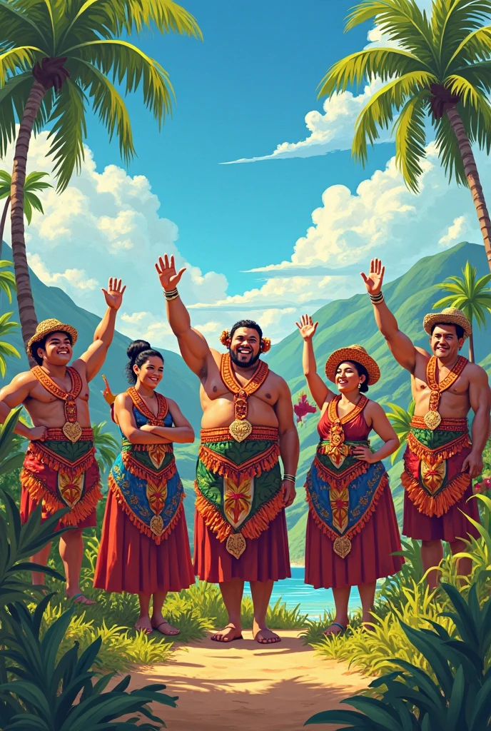 Make me three cartoon characters, men and women, dancing Oceanian dances