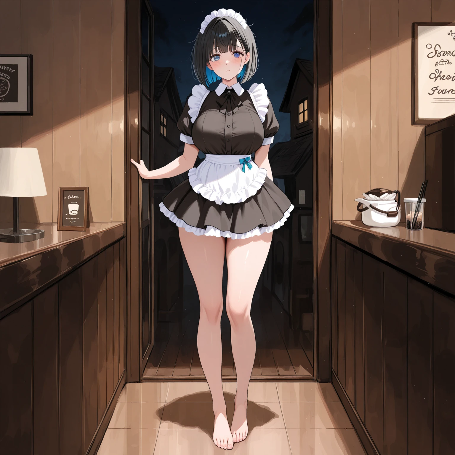 (1 solo skinny maid:1.5) standing alone in hallway, (solo:1.4), (curtsey:1.5), (both hands pinch own short skirt and lift skirt higher to either side:1.6), tiptoe, BREAK, black short hair, black eyes, smile for viewer, BREAK, (bursting large breasts), cleavage, (inconceivably narrow waist), slim hip, skinny long legs, thigh gap, perfect anatomy, BREAK, white head dress, short sleeve, frilled (too short skirt:1.6), frilled white apron, highheels, BREAK, (nsfw:0.4)