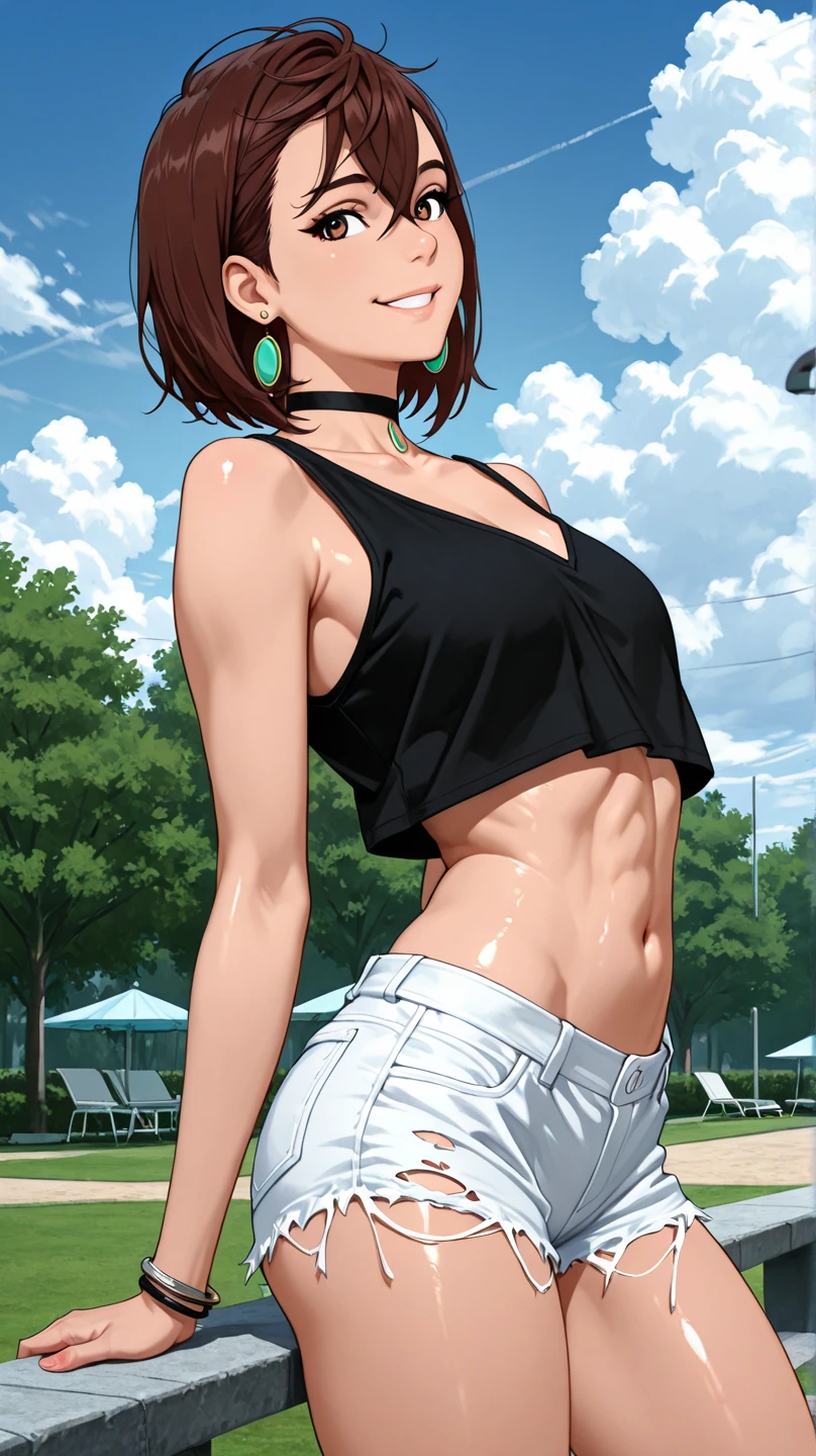 8k, best quality, masterpiece, ultra-detailed, garota linda de anime, sozinha, alone, only a girl, somente uma garota, she is alone, she's alone, olhos vermelhos, olhos de cor vermelha, red eyes, cabelos curtos, short hair, solo, red hair, cabelos vermelhos, fit, muscular, ripped, green gym top, jeans short, sexy