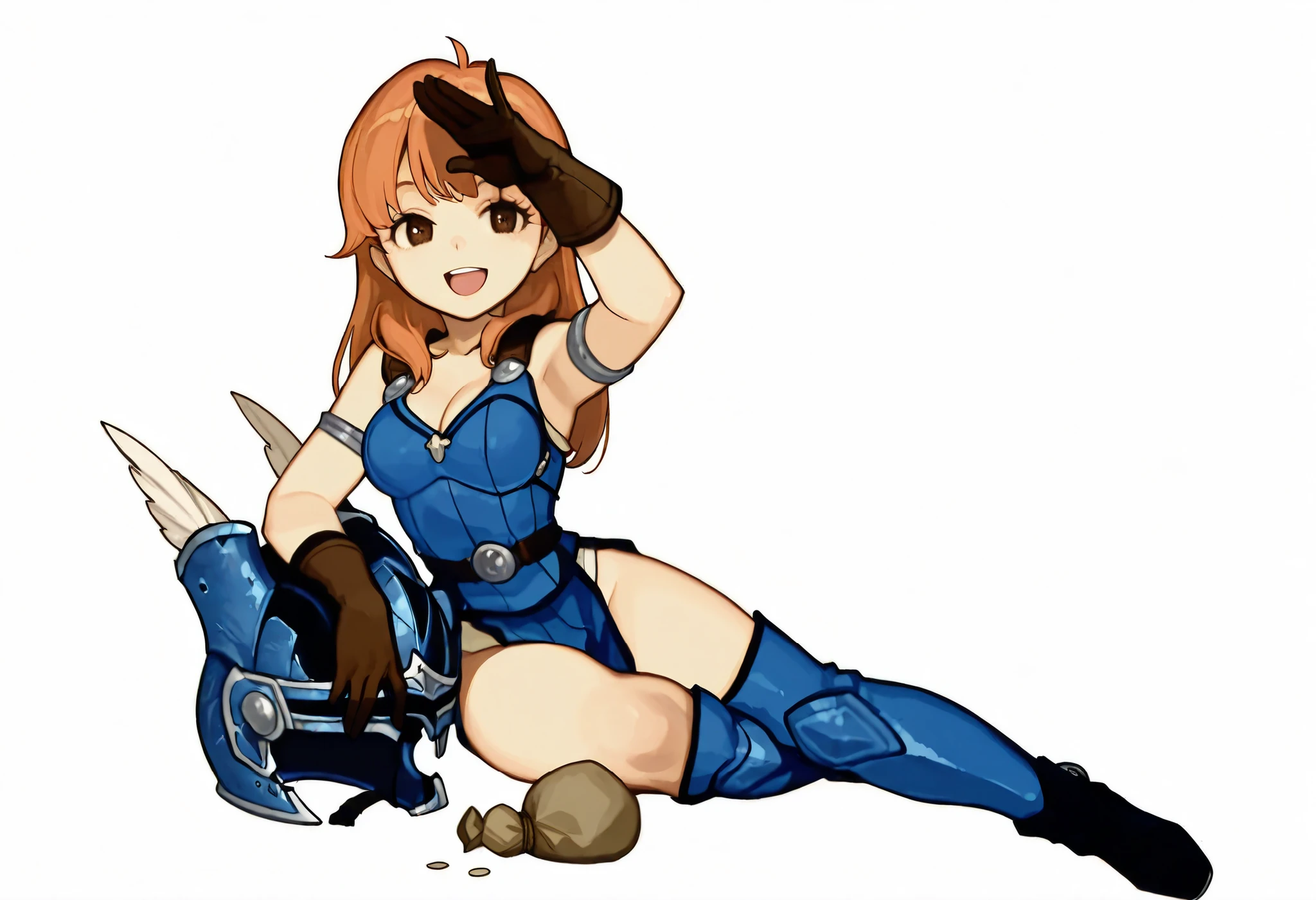 anime art, masterpiece, best quality, girl, woman, highres, 1girl, casual pose, smiling, woman, masterpiece, best quality, amazing quality, very detailed, high details, very detailed skin, high resolution, mercenary, fighter, fantasy art, warrior girl, knight, female, average breasts, orange hair, brown eyes, pale body, blue armor, sword, thicc, heavy boots, blue plate armor, Enchanting Eyes, simple background, metal armor, heavy boots, soldier, money bag, magic sword, laying on side, confident pose, smiling, helmet, human, solo, paladin, holy solider, skirt, very thick, very thicc, humanoid, clean appearance, shiny, holy symbols, tight fitting clothes, metal boots, full body art, entirely in image, FE-Sh4d0ws, hips, blue and brown armor, steel trim, relaxing