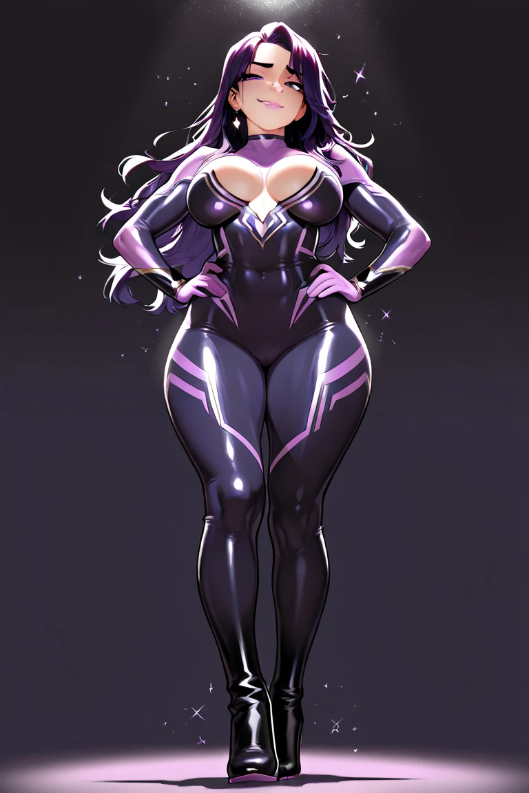 (masterpiece), (best quality), ((Nicki Minaj)), makeup, (brown skinned female), (thick thighs), ((small breasts:1:1)), ((wide waist)), hair with bangs, ((storm from x-men outfit)), ((grey background)), (full body photo:1.5) contoured,