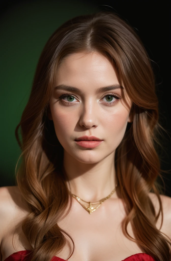 a woman with red hair, hyper-realistic skin, shiny/glossy, modern jewelry, gongbi, portraiture, dark teal and light gold, tropical landscapes, Face portrait photo oF a 21 Year-old German woman, .raw, beautiFul woman, half strawberry lips, strawberry lipstick, Fossettes, big breast, realistic legs, high heels, nostalgic look, detailed light brown eyes, great student, thin eyelashes, (Brown extra long blond hair), ((detailed Face)), ((detailed Facial Features and skin texture)), (Finely detailed skin), light brown skin, (Deep neckline detailing high-tech cyberpunk dress), Cyberpunk big city environment, (cold colors), moist, moist, reFlections, (masterpiece) (height ratio / perfect width) (photo realist) (best quality) (detailed) Shot with Canon EOS R5, ObjectiF 50mm, F/2.8, human development report, (8k) (wallpaper) (light) (Dramatic Light) (sharp focus) (complicated), sharp details, skin detail sharpness, 