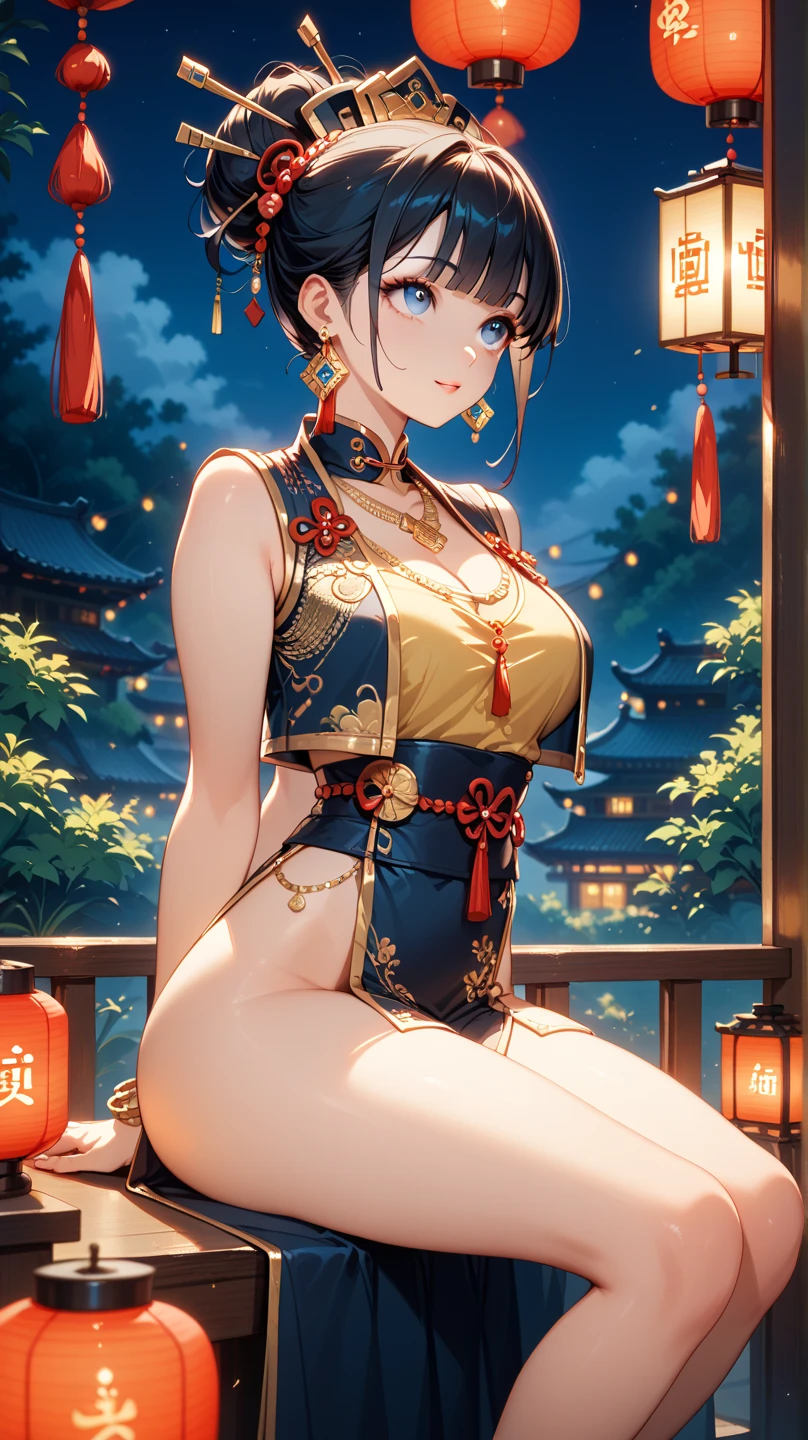 High resolution, adult woman , good lighting, despicable, , (No nudity), (((China dress))), (()), ((())), (garter belt), abdomen only, (), , cute face, I'm embarrassed and blush, humiliating, ((turn around and look back)), ((See-through))()(T-back)(a large amount of is on the body, en vikini