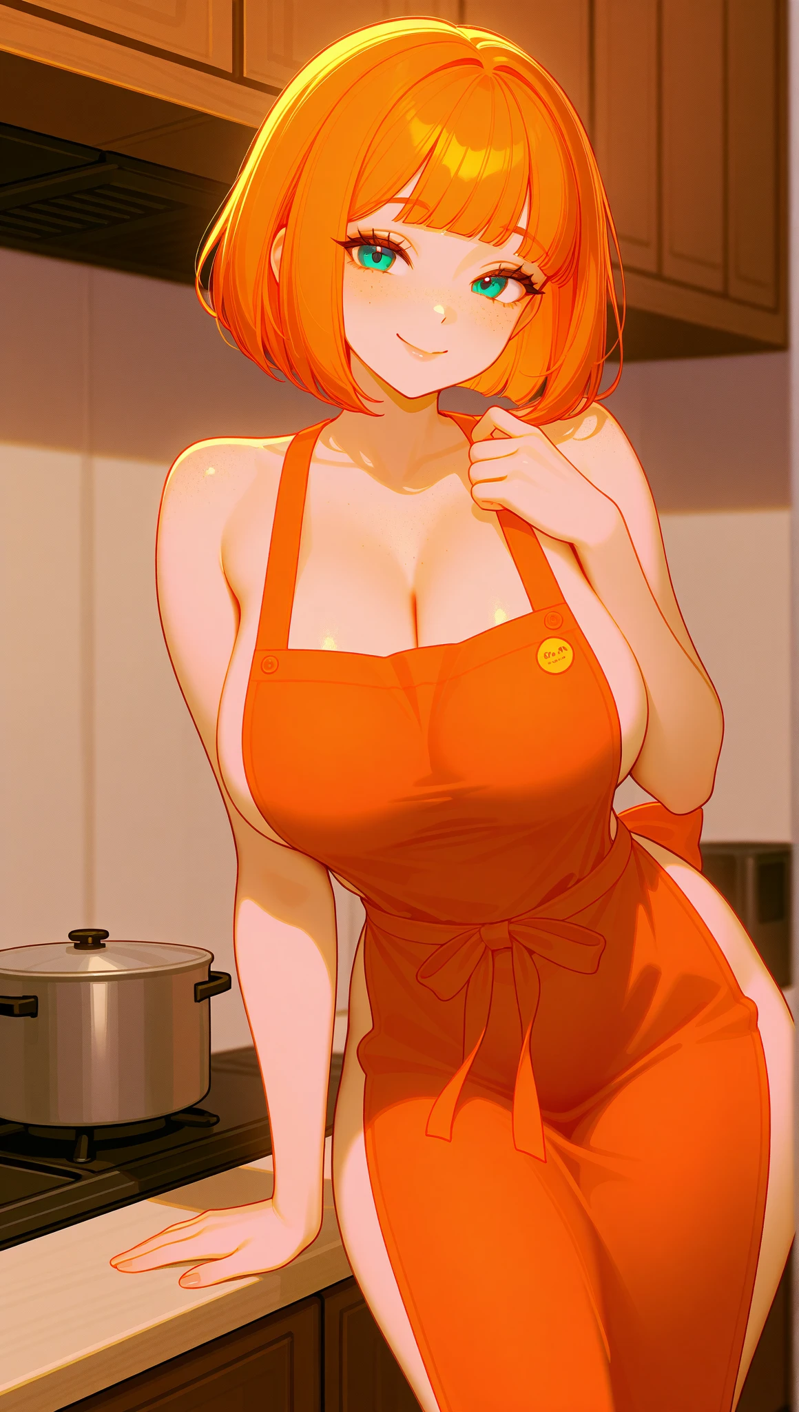 Imagen NSFW de una mujer mayor de estilo anime con cabello naranja que solo lleva puesto un delantal de cocina muy ajustado