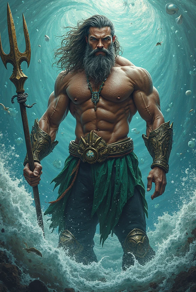 Sexy god Poseidon, Coming out of the sea half naked, with his trident in his hand, Looking seductively at the viewer, sunny lighting.