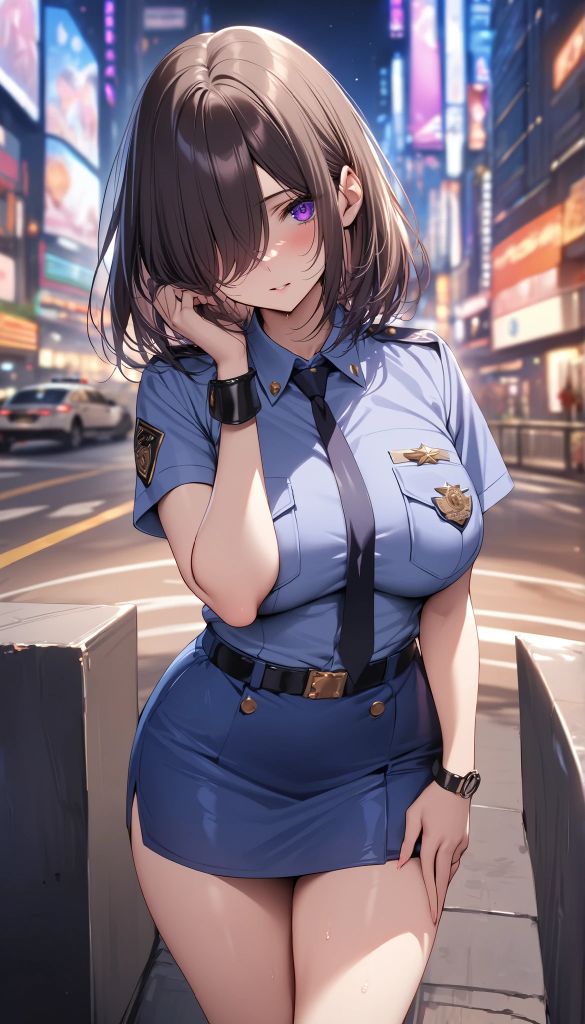 Anime illustration、highest quality、Female police officer cracking down on parking violations downtown、High alert、Perfect balance、Oversized bust、Fatty legs、Clear Eyes、Sweaty、Cowboy Shot