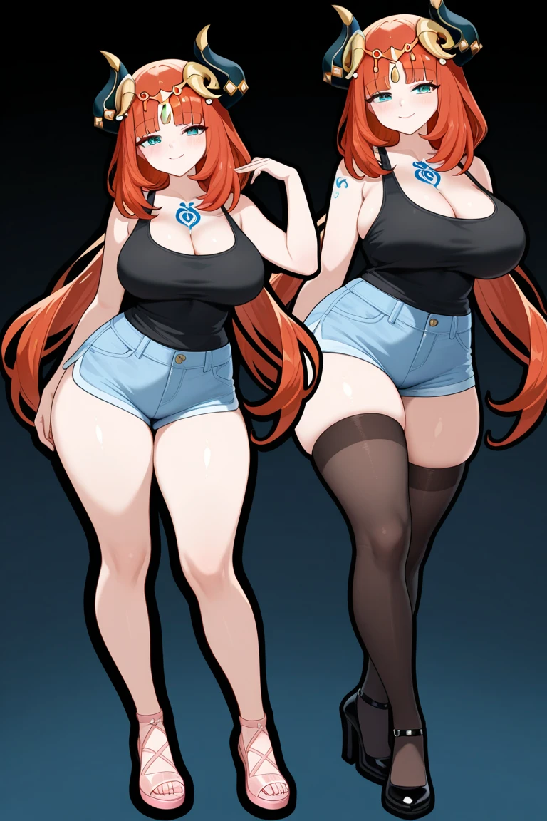 a woman wearing a red shirt, short denim shorts, red hair, orange eyes, outside a cafeteria, smiling, big breasts, very detailed, masterpiece, high quality, ultra resolution, 4k hd.