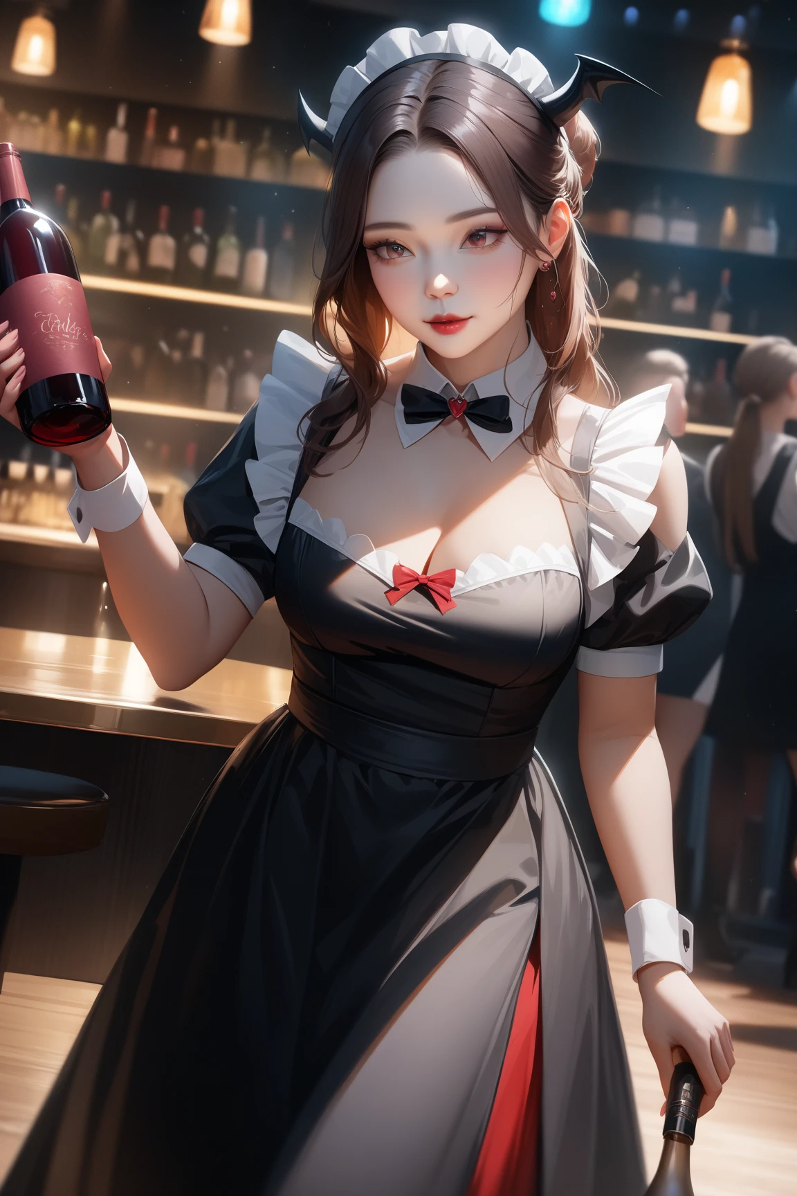 (Original Character、Unity 16K Wallpaper, masutepiece, Best Quality, Ultra-detailed, extremely details CG, Caustics, Cinematic lighting, Detailed, Beautiful detailed eyes, Solo,Sexy Women), Ultra High Resolution, Fine skin, (maid, maid apronl, Maid headdress), (strong lights)、Oily skin,curby:1.2,,Sexy Women,Little devil face,(huge-breasted:1.2),