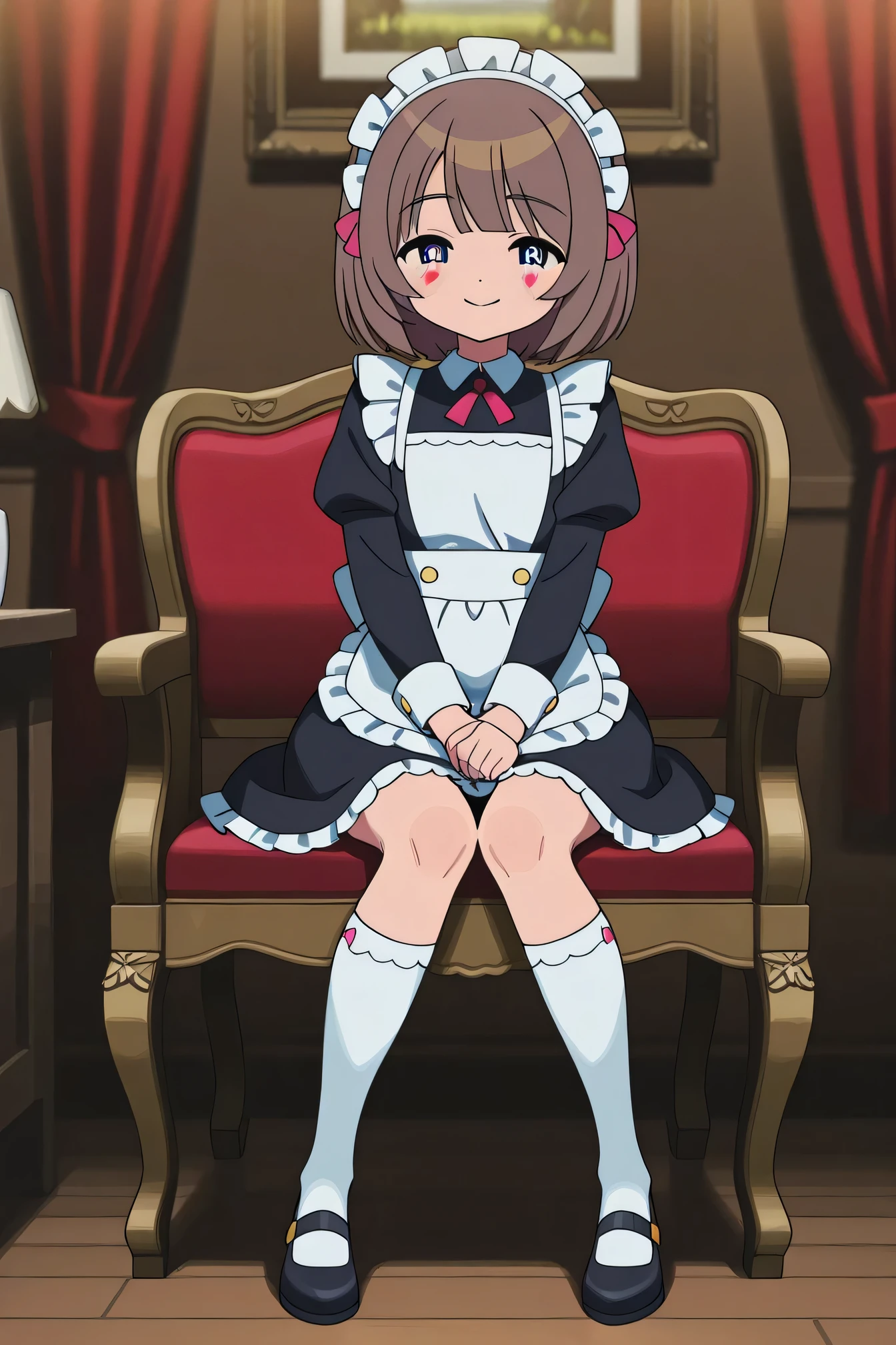 Highest Quality、real style、masterpiece、Detailed Background、Portrait Photo、soft background blur、natural skin tone、Soft brown hair、Maid cafe interior、cute maid with a smile、heart mark、The background is a classical European style interior、wooden furniture and lace curtains、black dress with white frills、White apron、ruffle headband、Knee socks with lace、 black strap shoes、slightly reddening the cheeks、Bright and soft light、手でheart markがかわいい