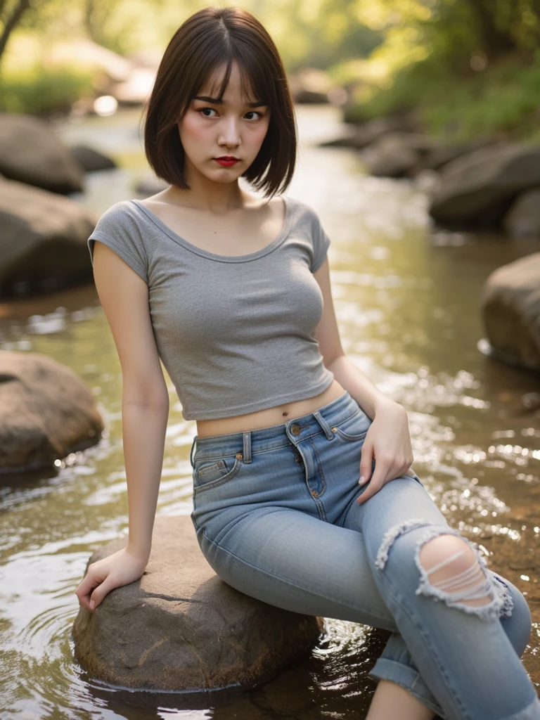 B jeans, bpants masterpiece, best quality, (Highly detailed photos:1. 1), 8k display is octane., Volumetric light, Volume shadow, Blonde Girl, short hair, (reaction:1.2), (Transparent top sheet:1.3), (Looks angry and fascinated), green eyes, (smile) Forest with cliffs and mountains in the background