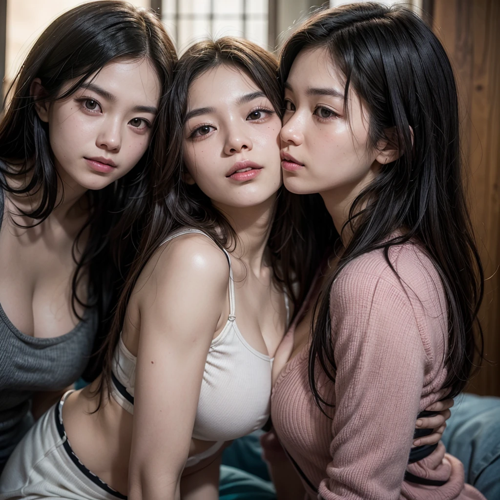 absurdres, RAW photo, extremely delicate and beautiful, masterpiece, Best Quality, ultra high resolution, 16k, hyperrealistic, ultra-detailed, Very detailed CG 8k wallpaper, Beautiful Lighting, Perfect Lightning, Realistic Shadows, perfect anatomy, super Detailed skin, perfect figure, Japanese woman, late 20s, very Slim body, narrow waist, very small head, handsome detailed woman, very detailed eyes and face, realistic face proportions, Stunning detailed eyes, Realistic beautiful face, very small face, Realistic small beautiful eyes, double eyelids, makeup, tearful mole, mole on chest, earring, bare legs, beautiful and very thin legs, beautiful and very thin thighs, (very huge round breasts:1.3), short hair, wavy hair, sweat, (full body shot), sleeveless, bare arms, bare legs, tight-fitting, midriff peek, cleavage, Fine Collarbone, (3 girls:1.5), (dress:1.5),