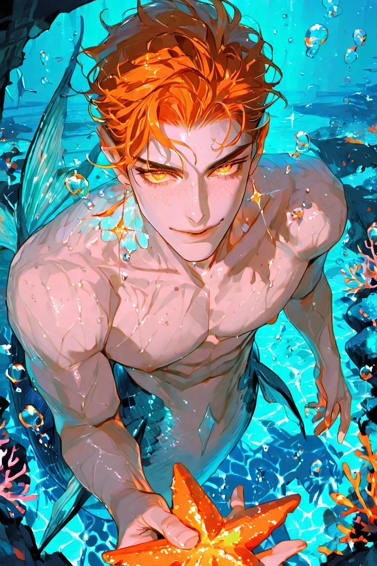 Red-haired handsome,quadratic element,Lie on your stomach in the water,gold fish,seminude,robust,Fantastic color scheme