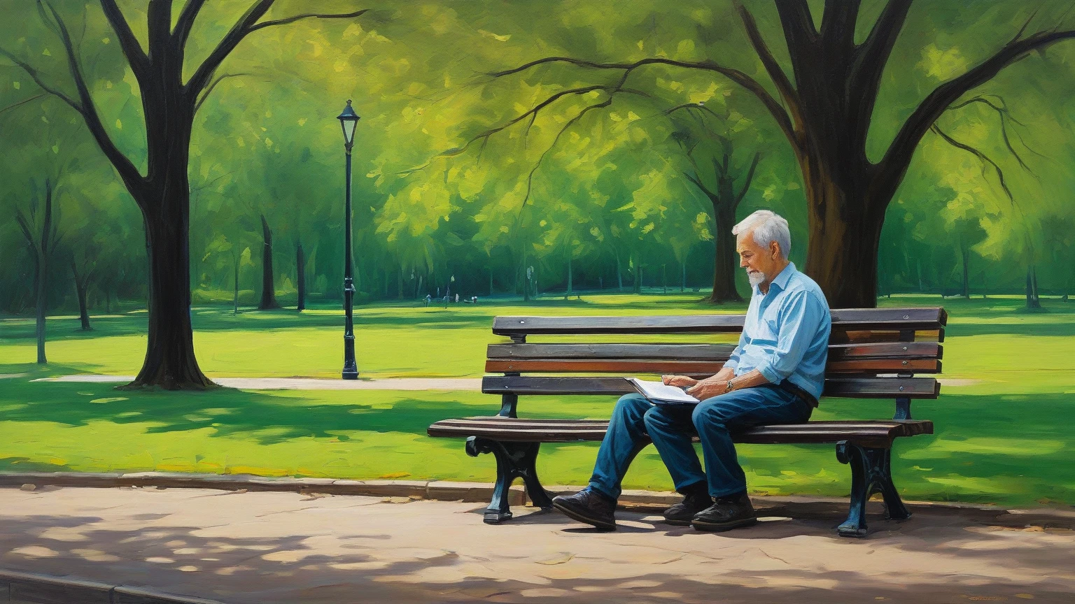 epic, realistic, high-quality art of an old man sitting on a bench in a square, with trees at the funfo