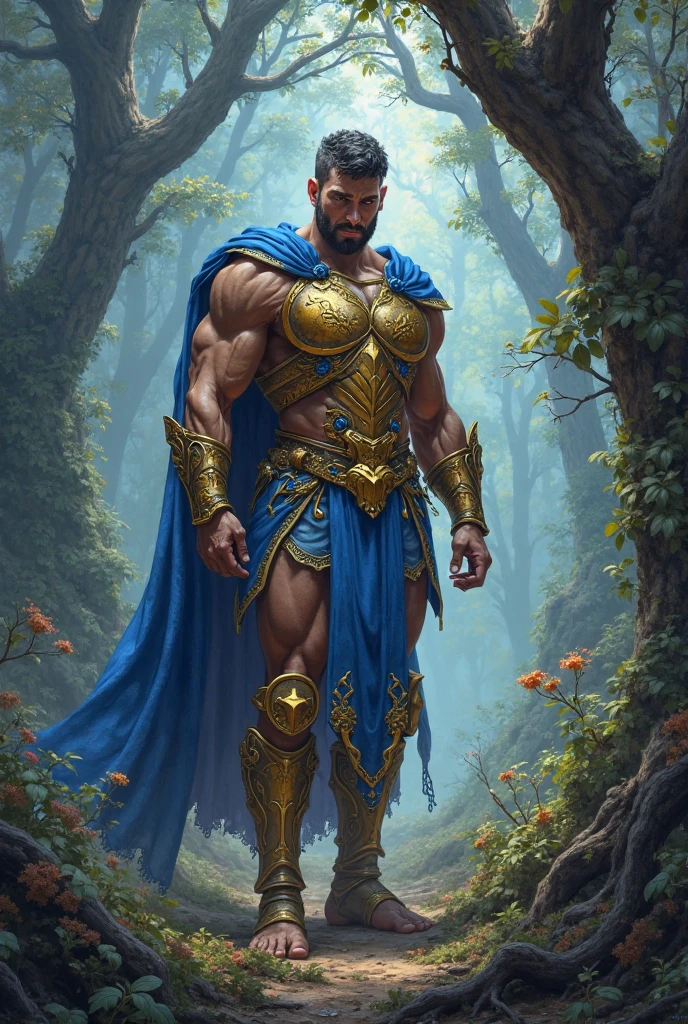 (best quality), masterpiece, ultra-detailed, guy,goatee facial hair, muscular physique,full body portrait,blonde hair,intense blue eyes,stream,forest,hairly chest,loincloth