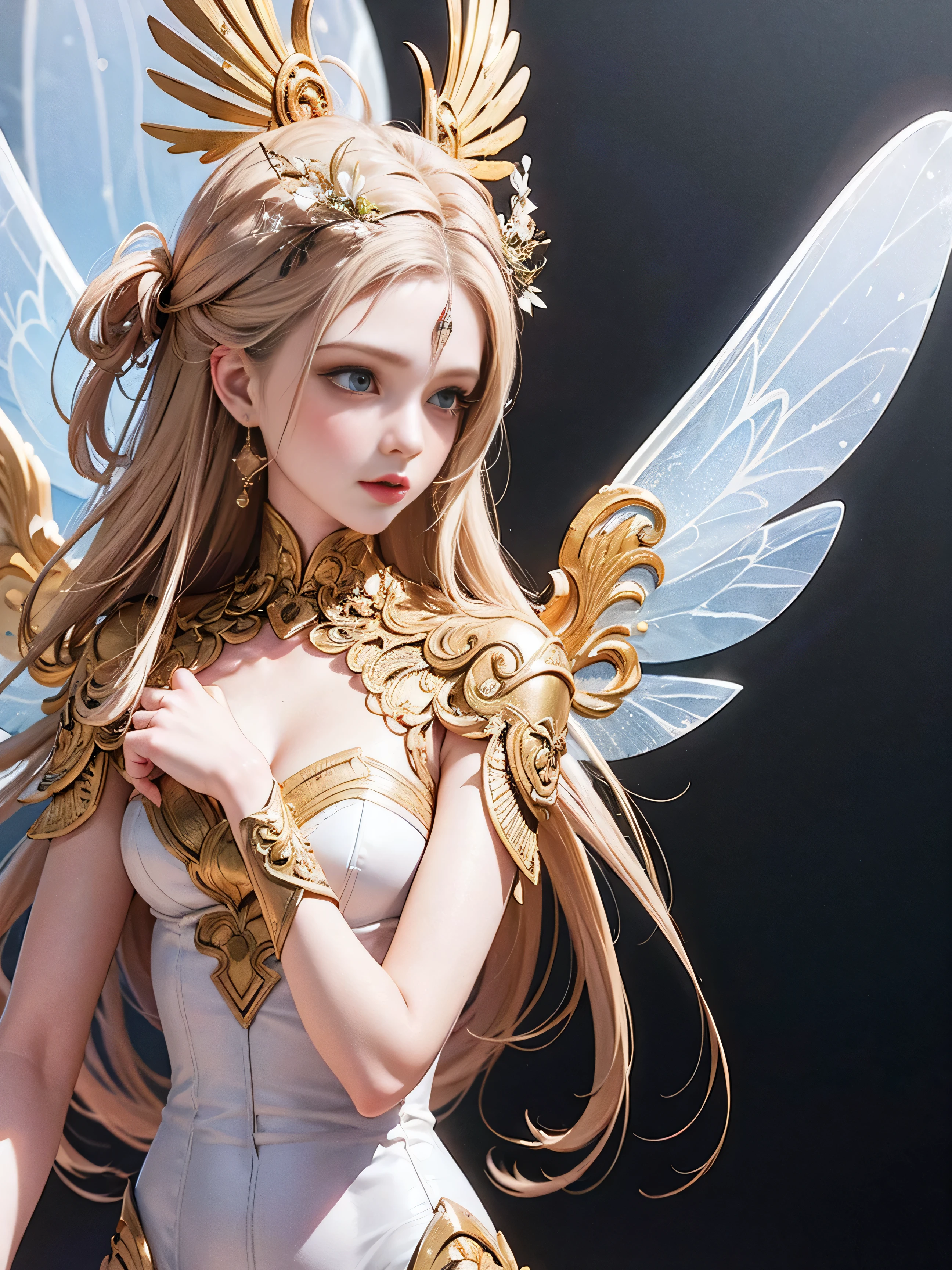 head to thigh, blue eyes, long blonde hair, long eyelash, Glowing transparent wings, high detailed skin, 1 Russian Flower Fairy, naked, Spring flowers, high quality, Volumetric lighting, A high resolution, 4K, 8K, in the background bokeh, Garden of dreams, Soft lighting, Transparent feather drop effect, Spring flowers