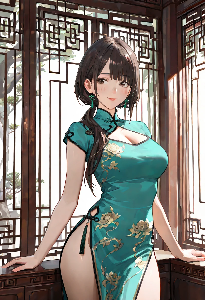 High resolution, adult woman , good lighting, despicable, , (No nudity), (((shiny cheongsam))),(garter belt),cute face, I'm embarrassed and blush, humiliating, ((turn around and look back)),