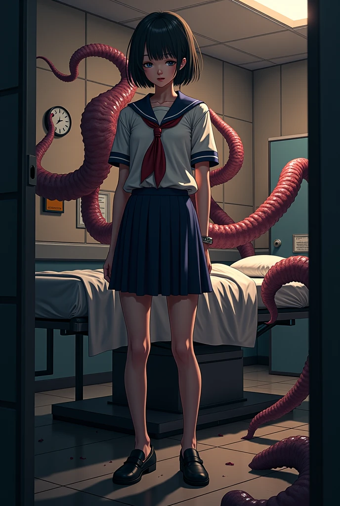 最high quality、high quality、８age、Cute elementary school student、Dark Hallway、Cute Dress、Skirt lining、Translucent slip、Midnight School Building、Attacked by tentacles、Tentacles entangled around my legs、Caught by tentacles、Cry、Tentacles in the skirt、No escape、Lying down、Ripped clothes、You can see the spats under the skirt、Spread your legs、Disheveled clothing、Skirt flipped up、