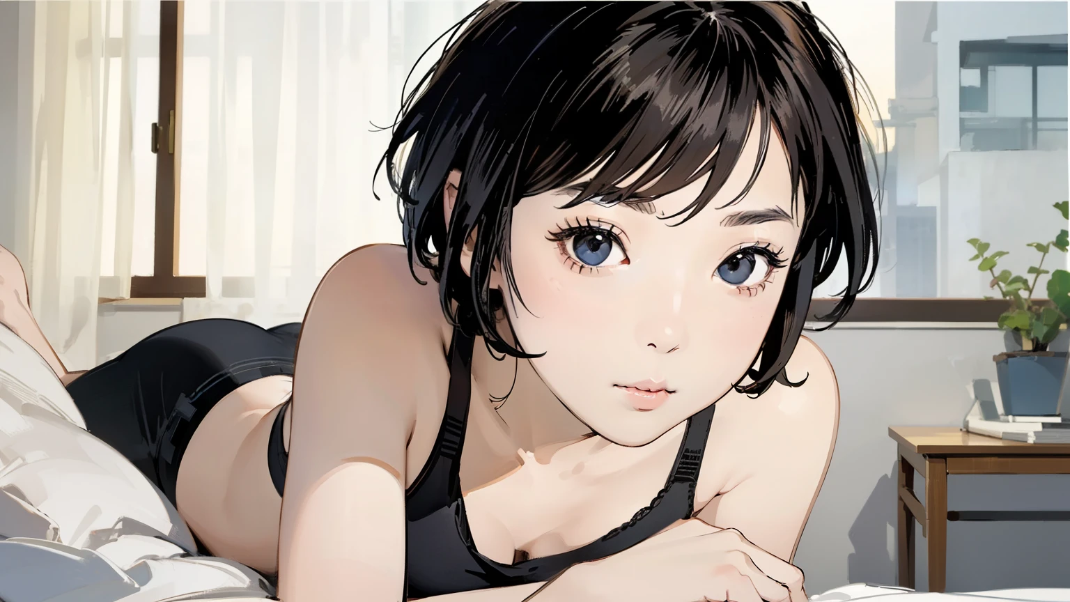 (((masterpiece, best quality, ultra highres, 1 girl, solo, no background))), super detailed skin and face and eyes and finger, beautiful japanese woman, small breasts:1.5, skinny, light brown hair, white background, very short pixie hair, cowboy shot, Generate with illustrations, Various expressions, Various poses, The background should be simple, with the character positioned centrally, outline, anime, 2d, boyish, thong, expressionless, relax, lie down and rest,