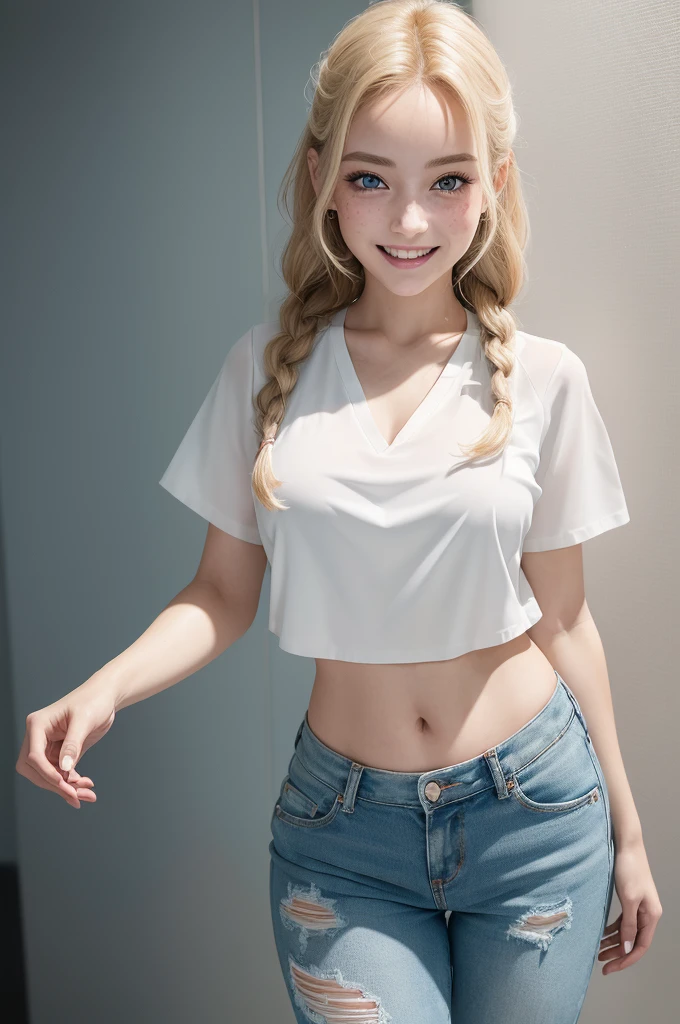 Cute 13yo American girl, blonde hair, light blue eyes, pink underwear, having a fun time on her girly bedroom,