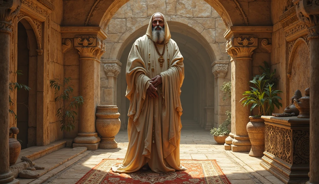 A old Man wearing Saudi dress and white cape and site a chair