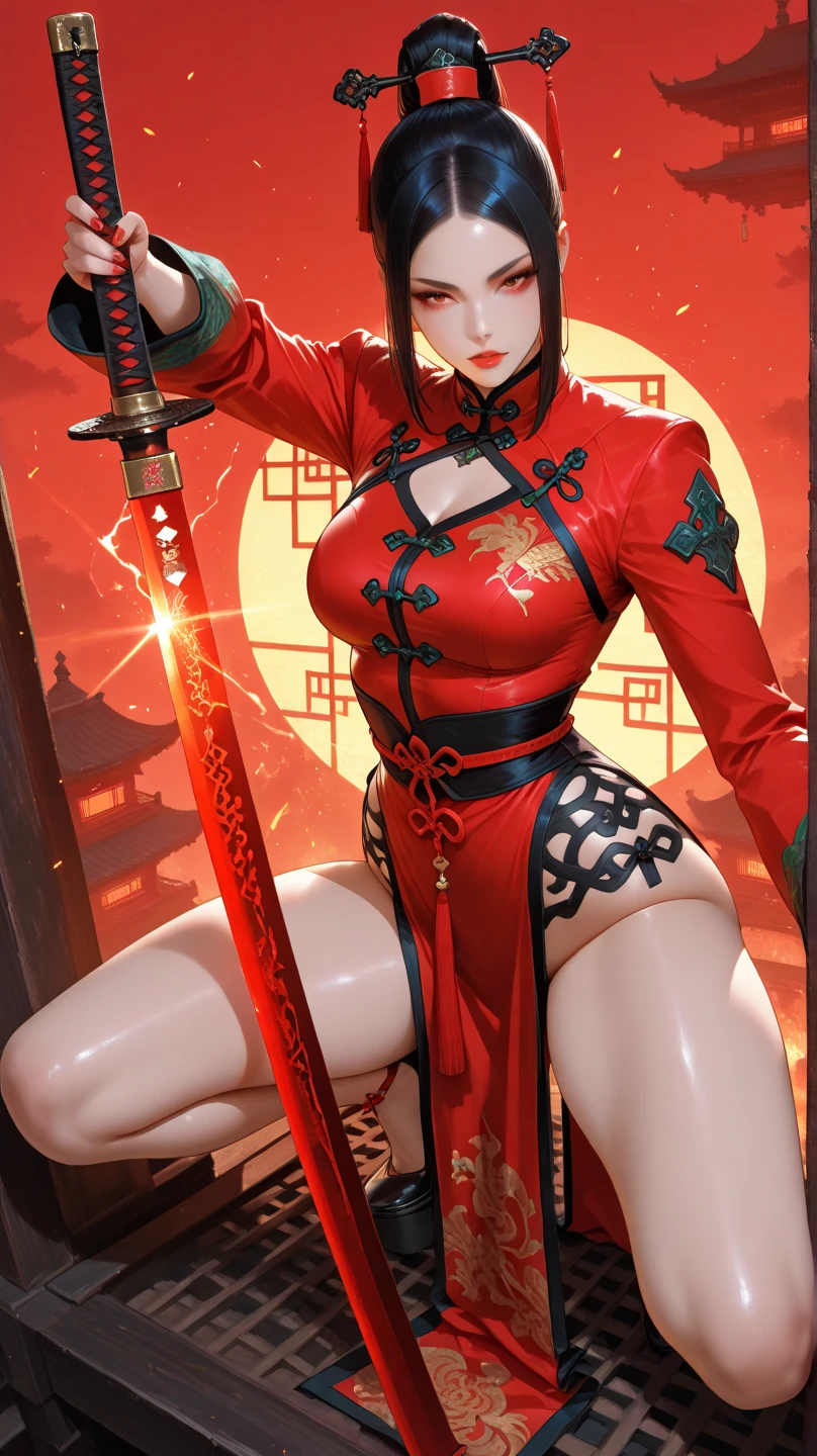 (Full body shooting:2), (Full Focus:1.3), anatomy correct, The character wears a cheongsam,Red and white color scheme，Strangle effect, High-heeled leather shoes, anklet, leg loops, collars, Heavy makeup, A shallow laugh, Latex stockings must be worn, hyper HD, Ray traching, structurally correct, Award-Awarded, high detal, lightand shade contrast, cinmatic lighting, tmasterpiece, super detailing, high high quality, high detal, best qualityer, 16k. Waiting